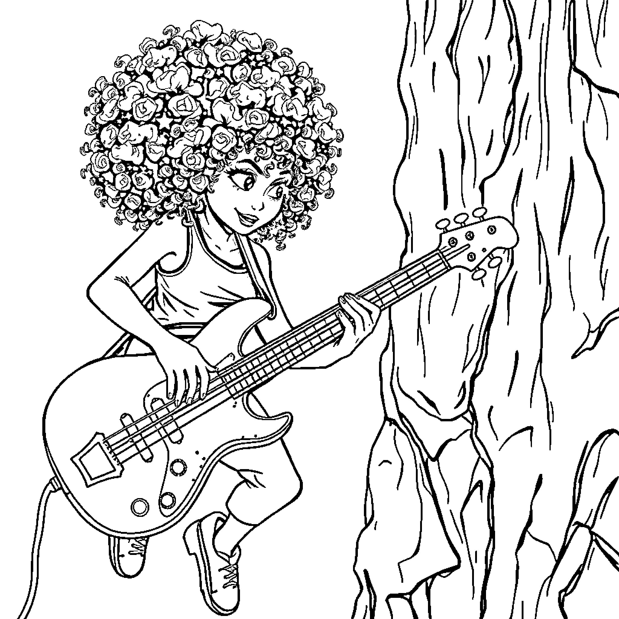 Girl playing guitar in nature Coloring Page (free black-and-white line drawing printable PDF for all, from beginners to advanced learners, including children, teens, adults, and seniors)