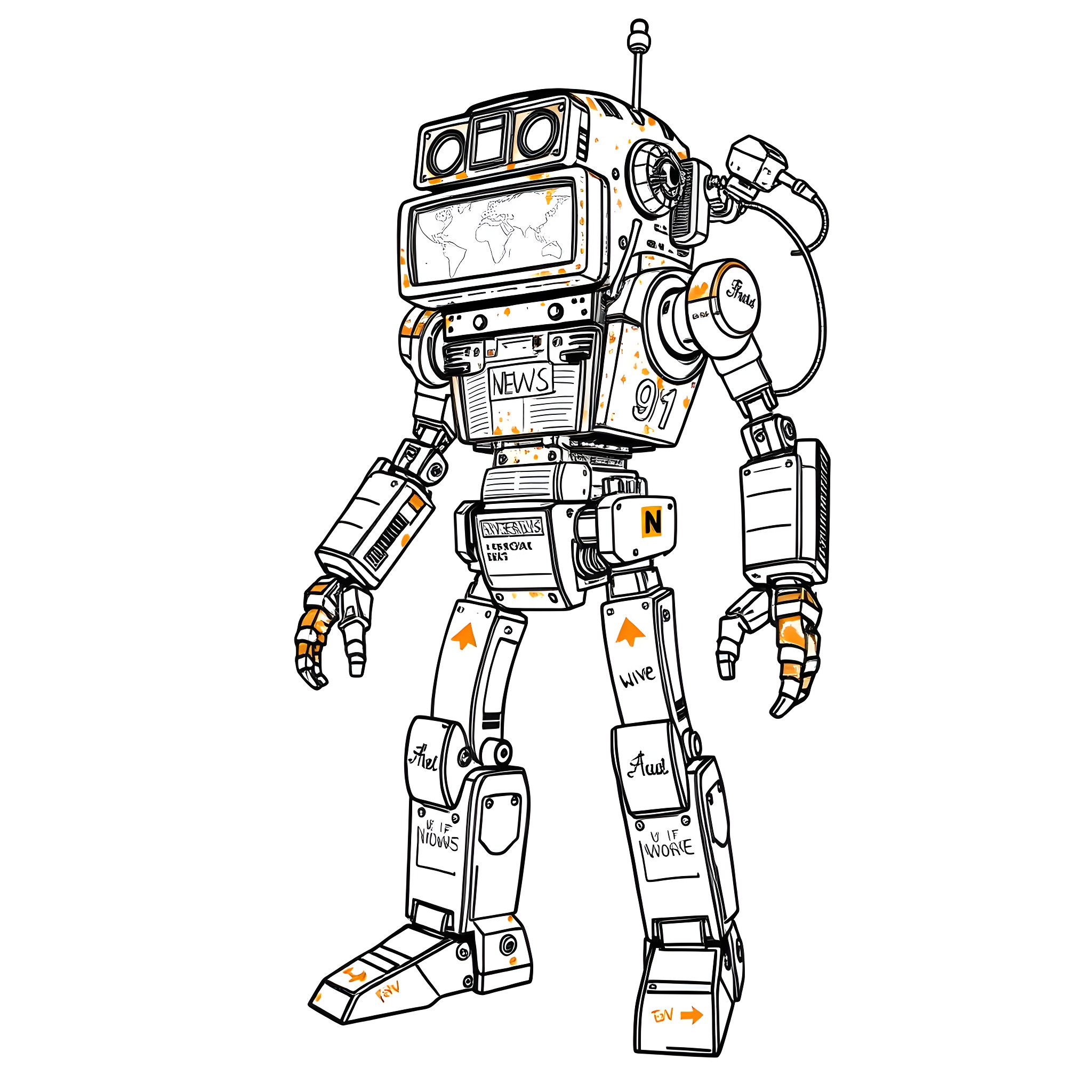 Robot with Unique Mechanical Design and Gadgets Coloring Page (free black-and-white line drawing printable PDF for all, from beginners to advanced learners, including children, teens, adults, and seniors)