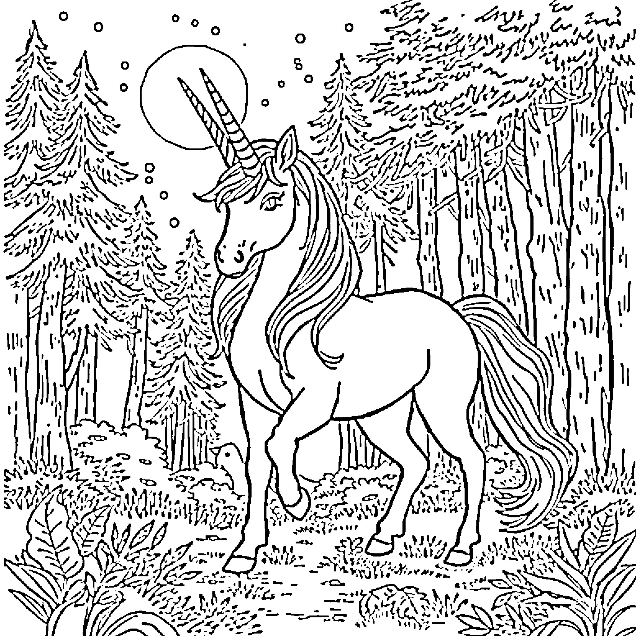 Unicorn standing amidst a snowy forest landscape Coloring Page (free black-and-white line drawing printable PDF for all, from beginners to advanced learners, including children, teens, adults, and seniors)