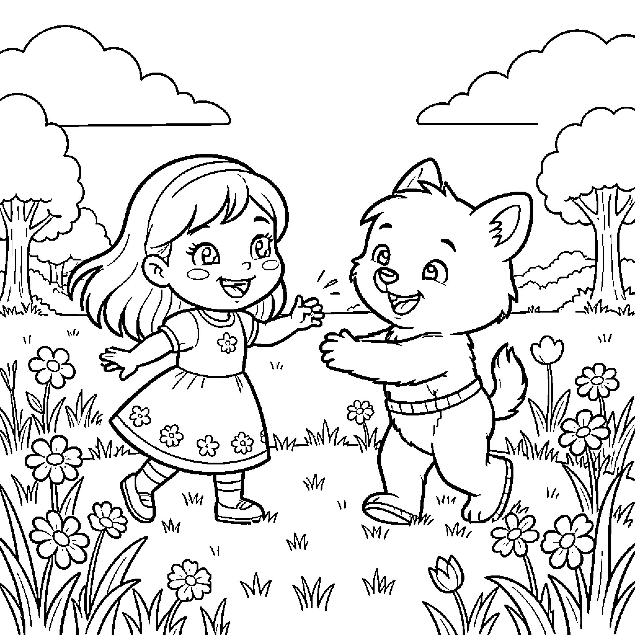 Masha and the Bear playing happily in a meadow Coloring Page (free black-and-white line drawing printable PDF for all, from beginners to advanced learners, including children, teens, adults, and seniors)