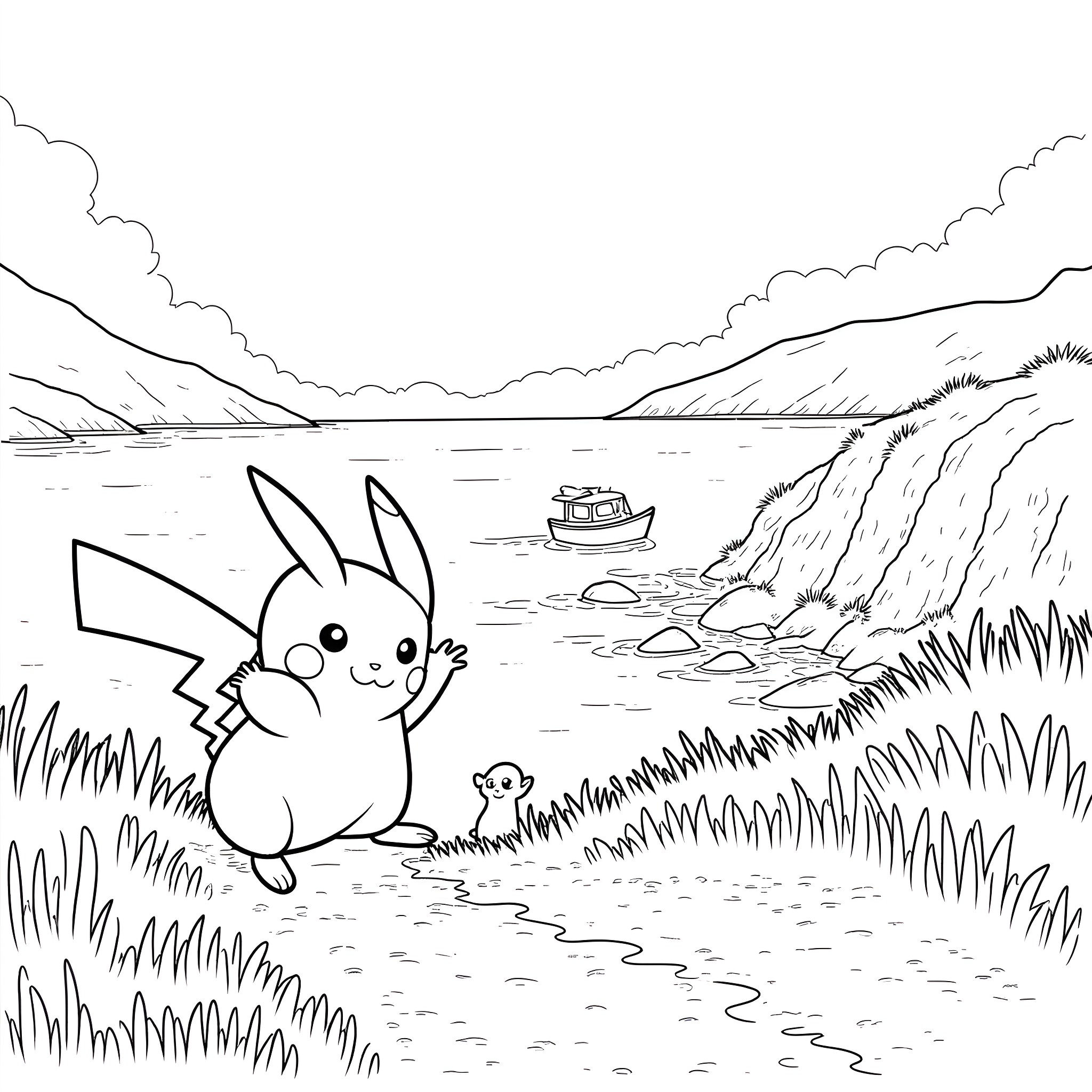 Pokémon exploring a scenic lakeside landscape Coloring Page (free black-and-white line drawing printable PDF for all, from beginners to advanced learners, including children, teens, adults, and seniors)