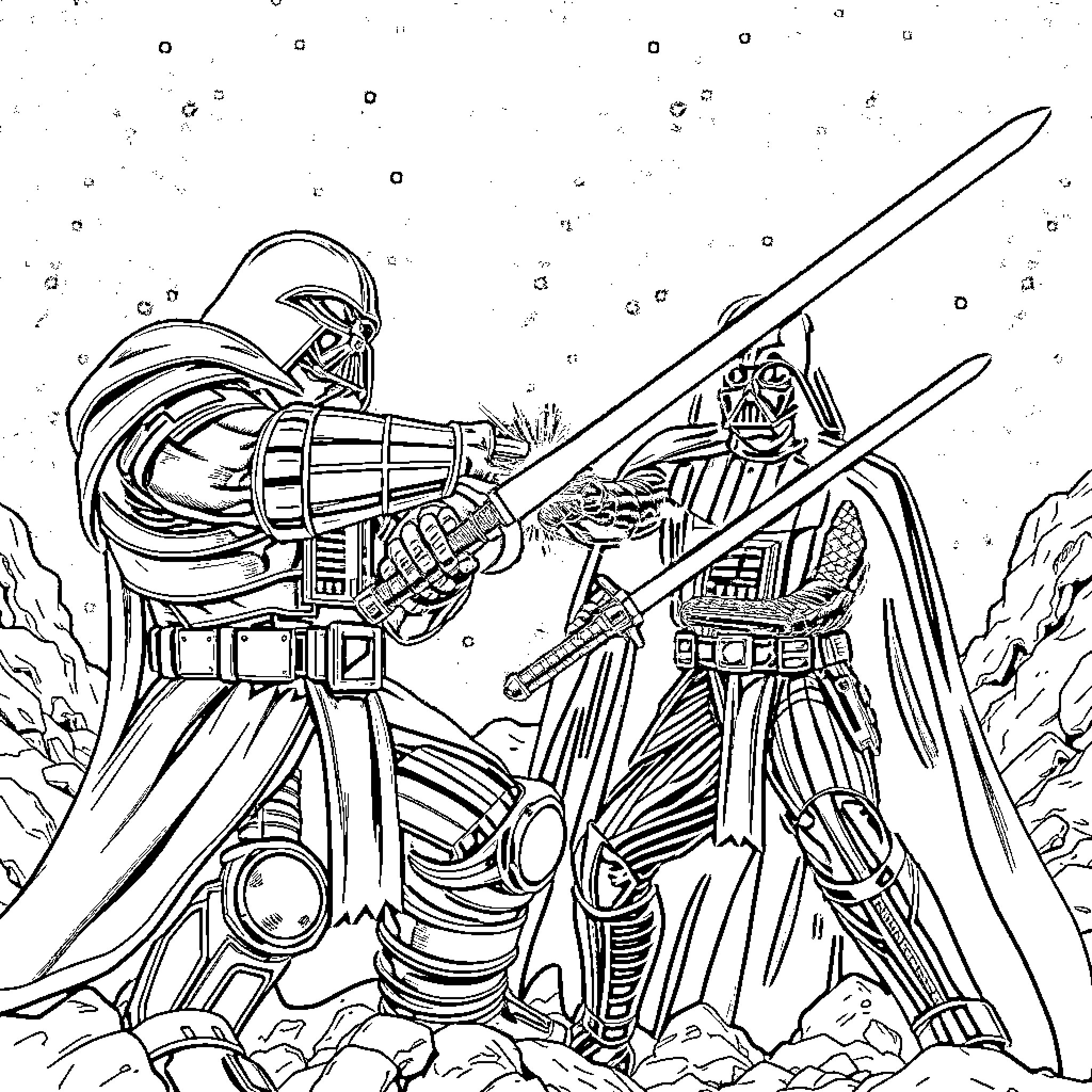 Doom Guy in Fierce Battle with Galactic Overlord Coloring Page (free black-and-white line drawing printable PDF for all, from beginners to advanced learners, including children, teens, adults, and seniors)
