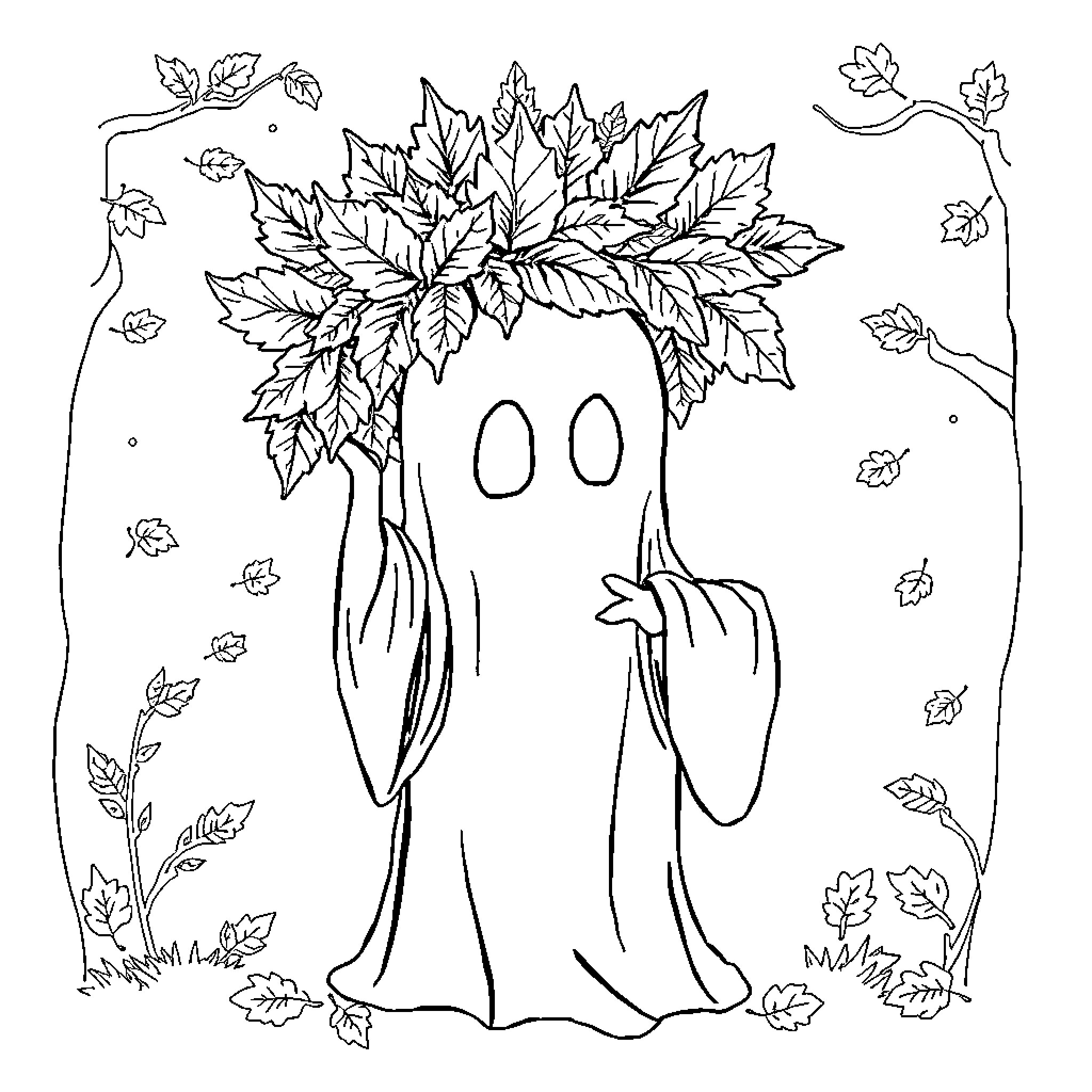 Ghost adorned with autumn leaves in the woods Coloring Page (free black-and-white line drawing printable PDF for all, from beginners to advanced learners, including children, teens, adults, and seniors)