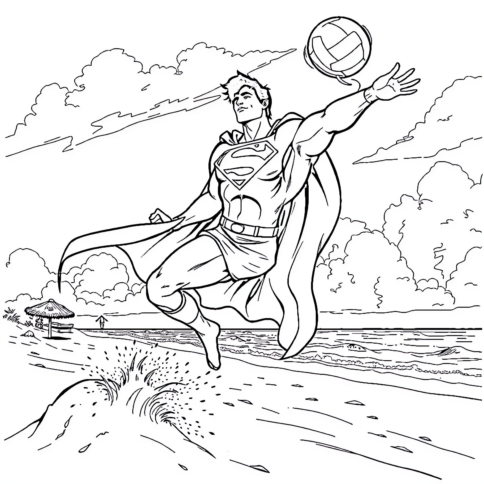 Superman flying high with volleyball in the sky Coloring Page (free black-and-white line drawing printable PDF for all, from beginners to advanced learners, including children, teens, adults, and seniors)