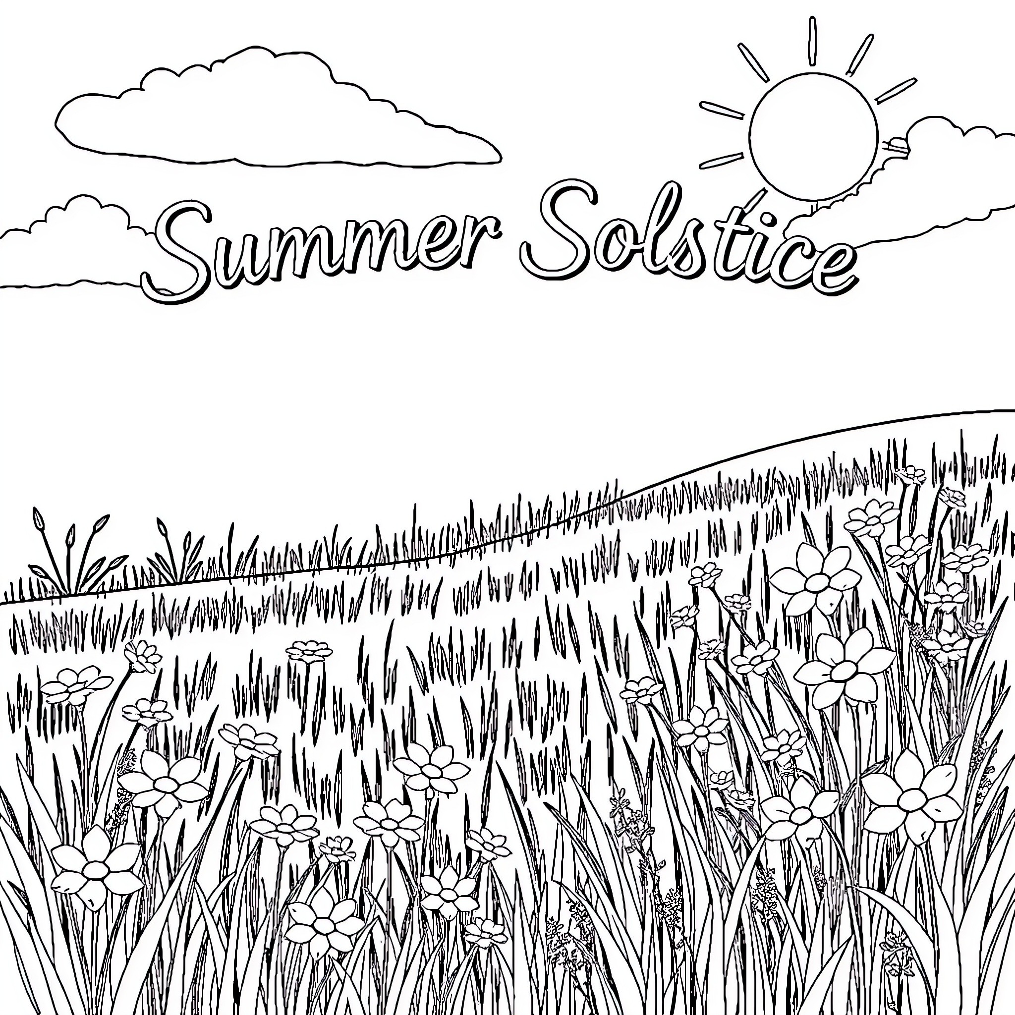 Meadow with summer solstice scenery Coloring Page (free black-and-white line drawing printable PDF for all, from beginners to advanced learners, including children, teens, adults, and seniors)