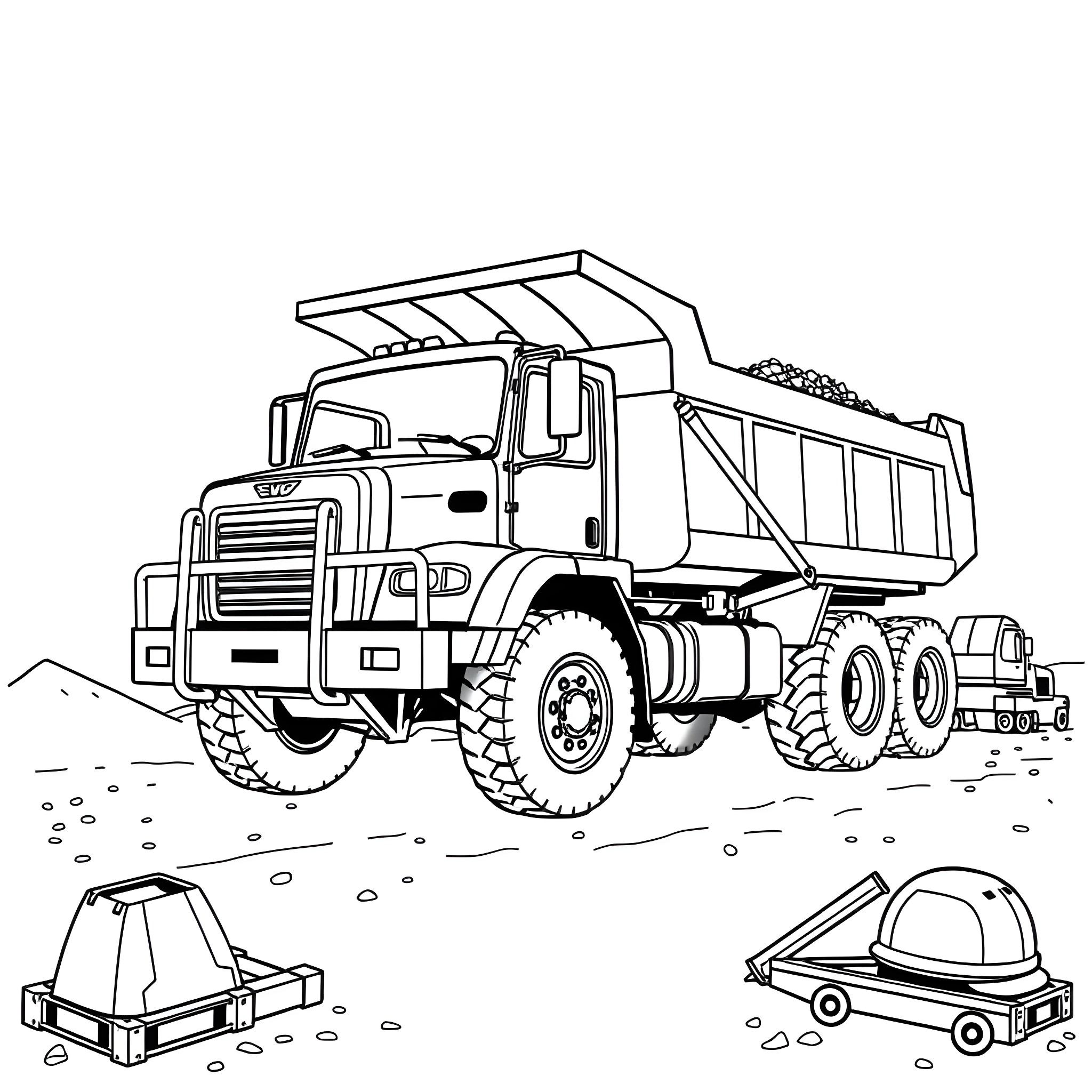 Dump Truck Transporting Construction Materials on Site Coloring Page (free black-and-white line drawing printable PDF for all, from beginners to advanced learners, including children, teens, adults, and seniors)