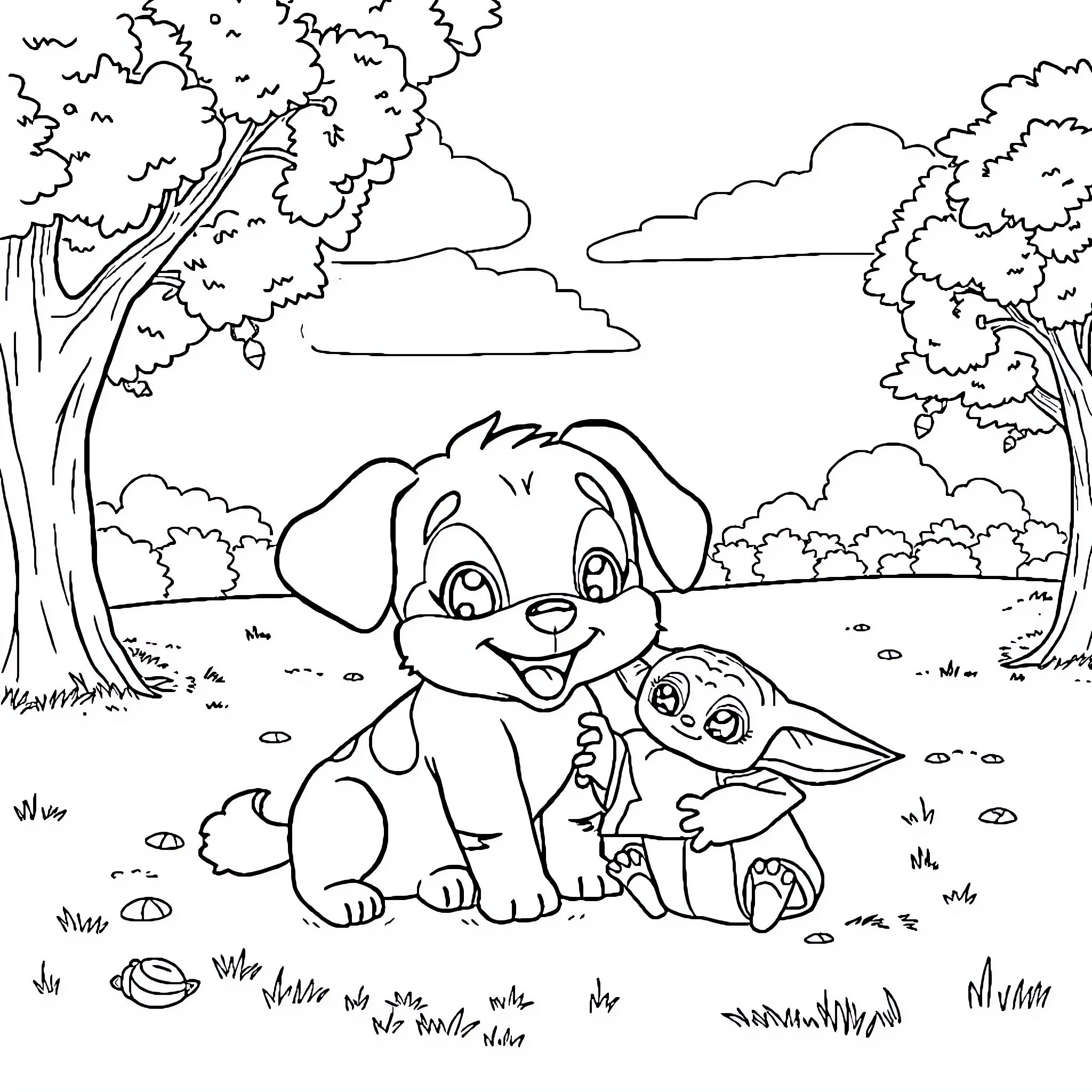 Scoopie's playful adventure in the park Coloring Page (free black-and-white line drawing printable PDF for all, from beginners to advanced learners, including children, teens, adults, and seniors)