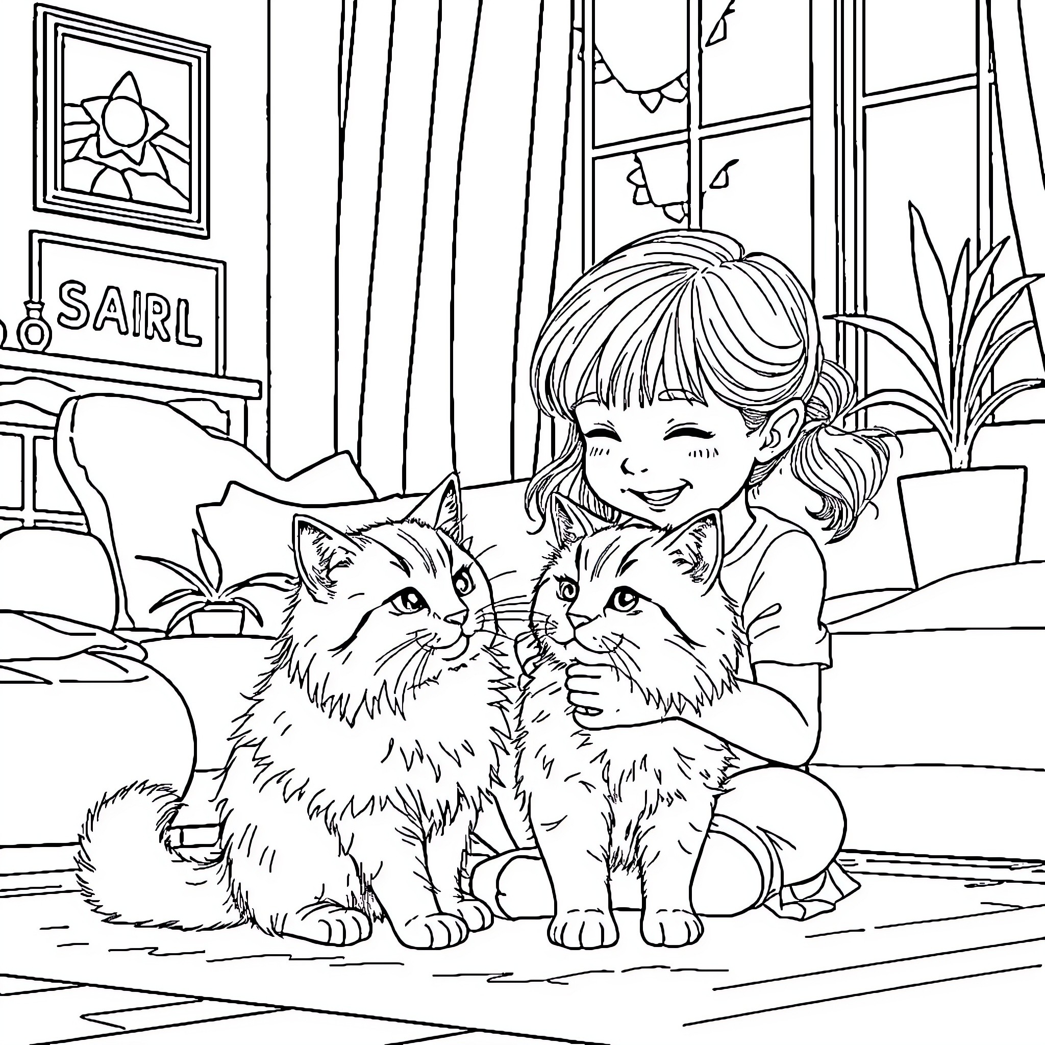 Girl playing with her pet cats in living room Coloring Page (free black-and-white line drawing printable PDF for all, from beginners to advanced learners, including children, teens, adults, and seniors)