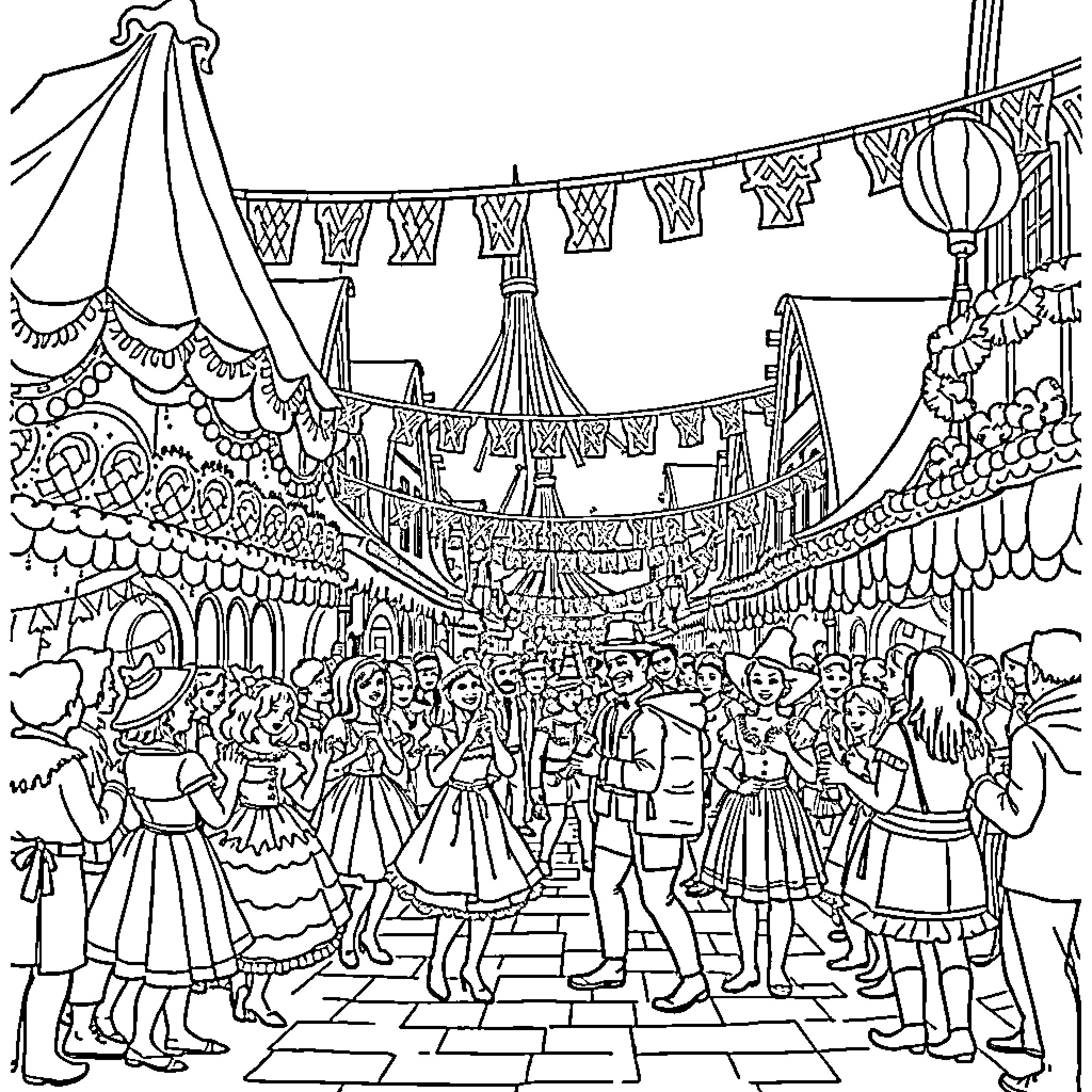 Carnival celebration with elaborate costumes and festive decorations Coloring Page (free black-and-white line drawing printable PDF for all, from beginners to advanced learners, including children, teens, adults, and seniors)