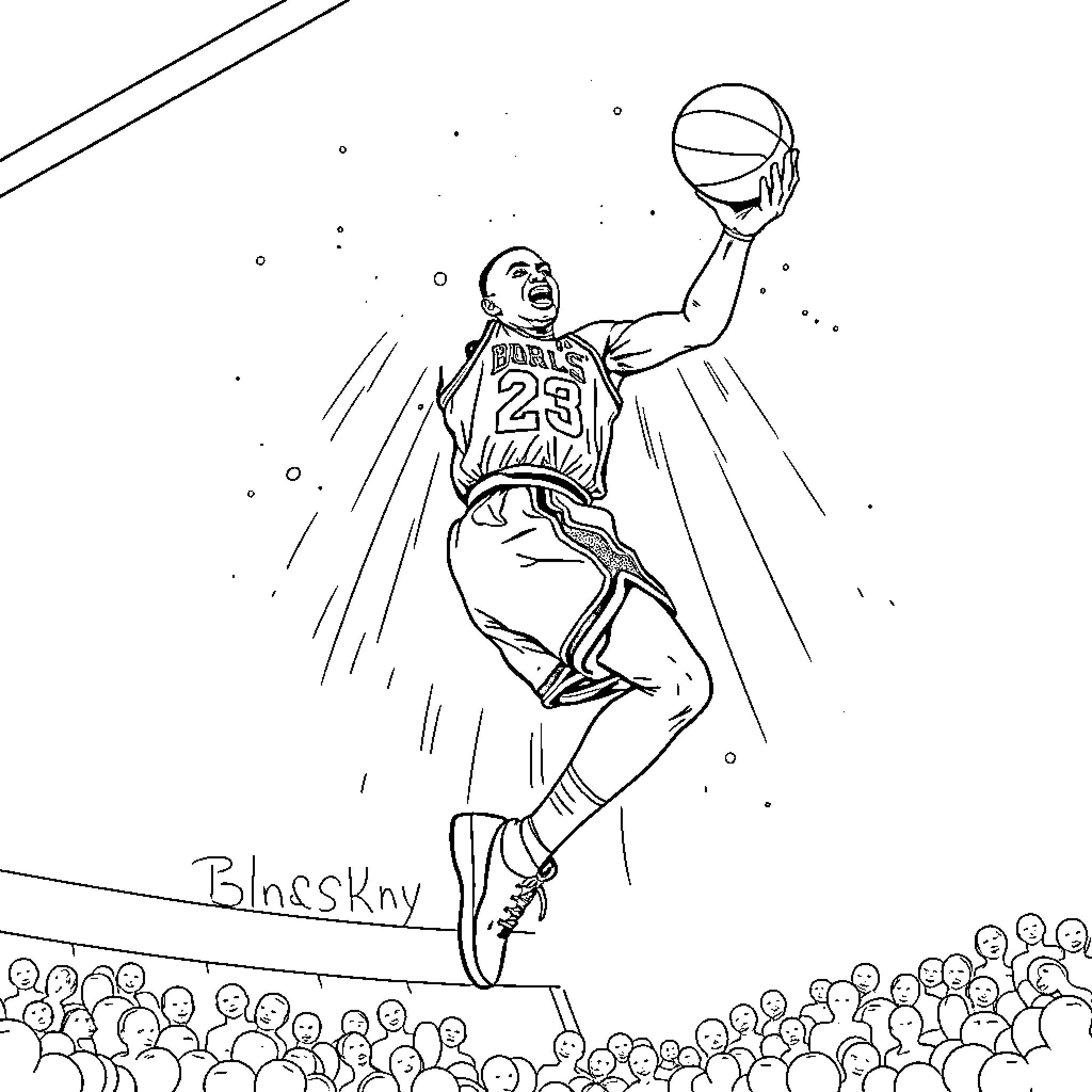 Michael Jordan soaring for a dunk in a basketball game Coloring Page (free black-and-white line drawing printable PDF for all, from beginners to advanced learners, including children, teens, adults, and seniors)