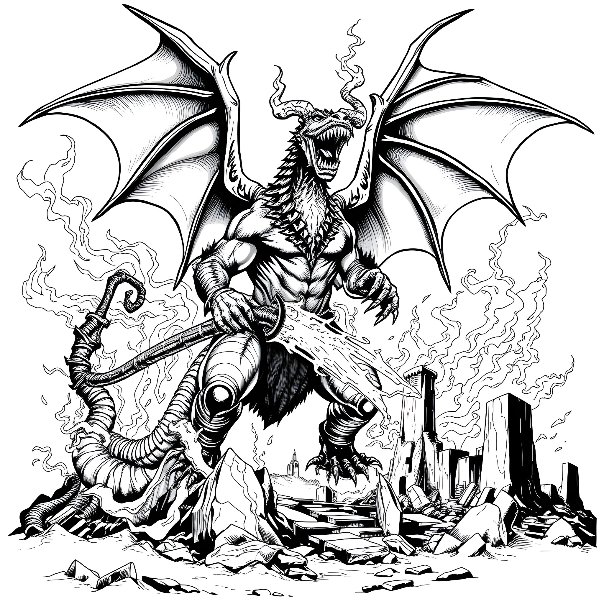 Balrog Rising from the Depths, Unleashing Destruction Coloring Page (free black-and-white line drawing printable PDF for all, from beginners to advanced learners, including children, teens, adults, and seniors)