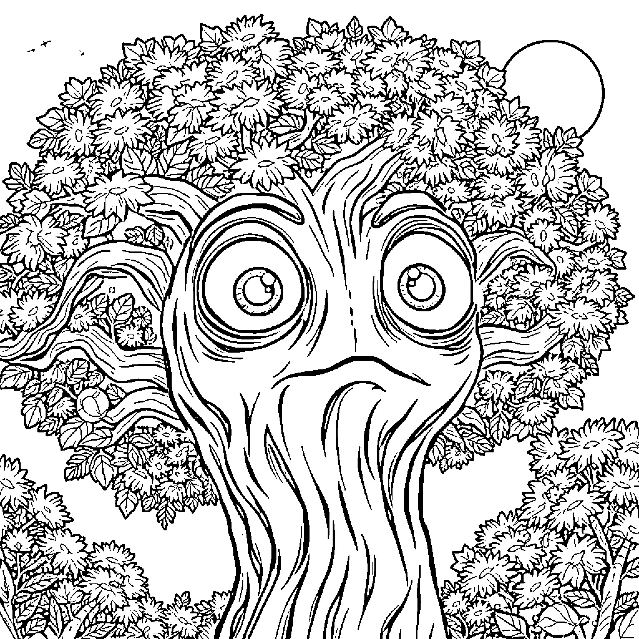 Tree with Whimsical Facial Features in Nature Coloring Page (free black-and-white line drawing printable PDF for all, from beginners to advanced learners, including children, teens, adults, and seniors)