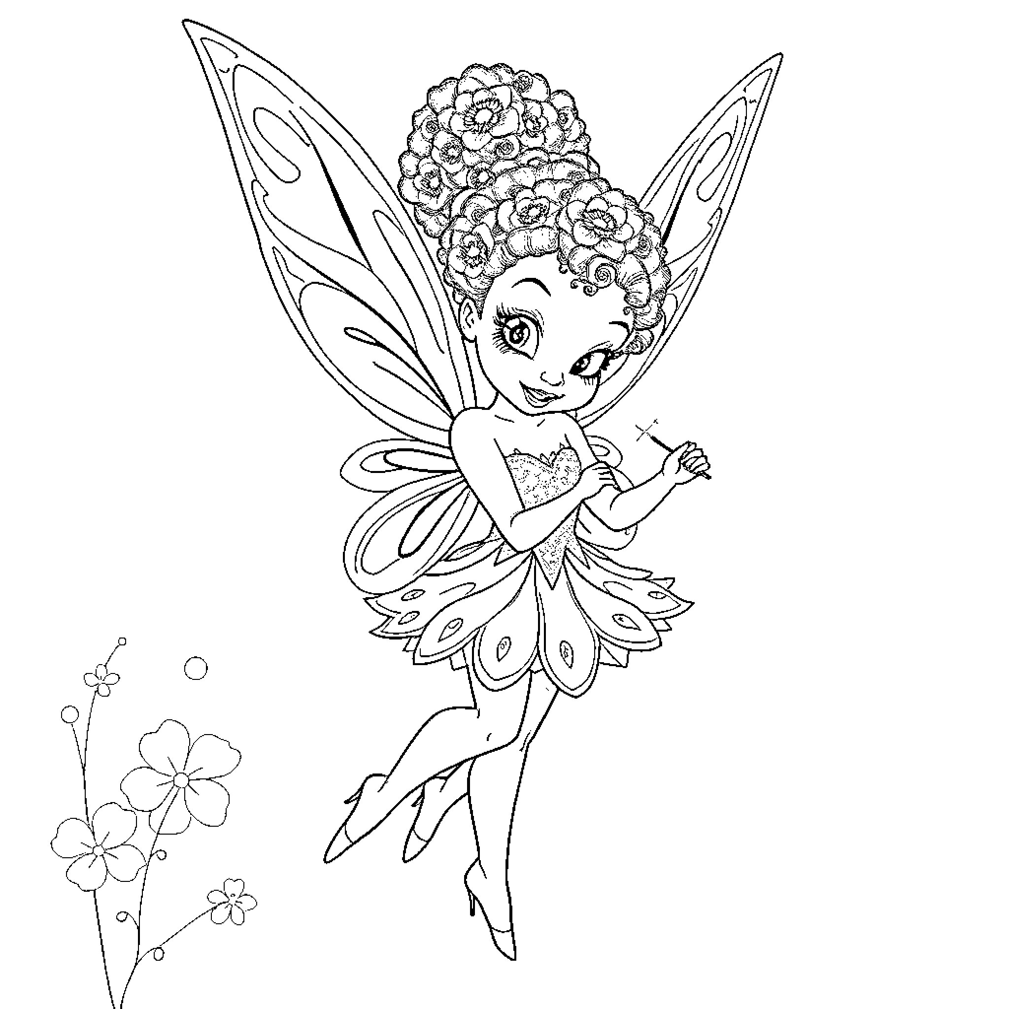 Tinkerbell in a flower-filled fairy outfit Coloring Page (free black-and-white line drawing printable PDF for all, from beginners to advanced learners, including children, teens, adults, and seniors)