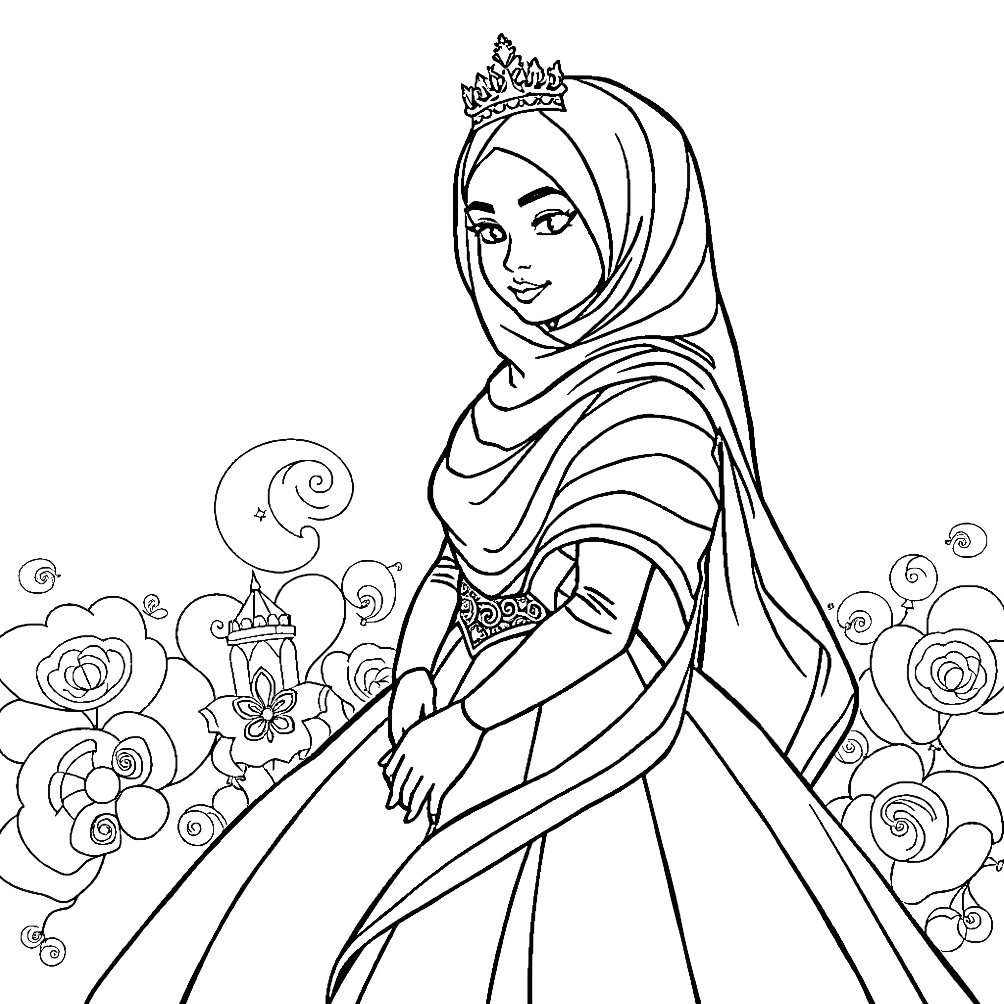 Princess in Elegant Hijab and Ornate Gown Coloring Page (free black-and-white line drawing printable PDF for all, from beginners to advanced learners, including children, teens, adults, and seniors)