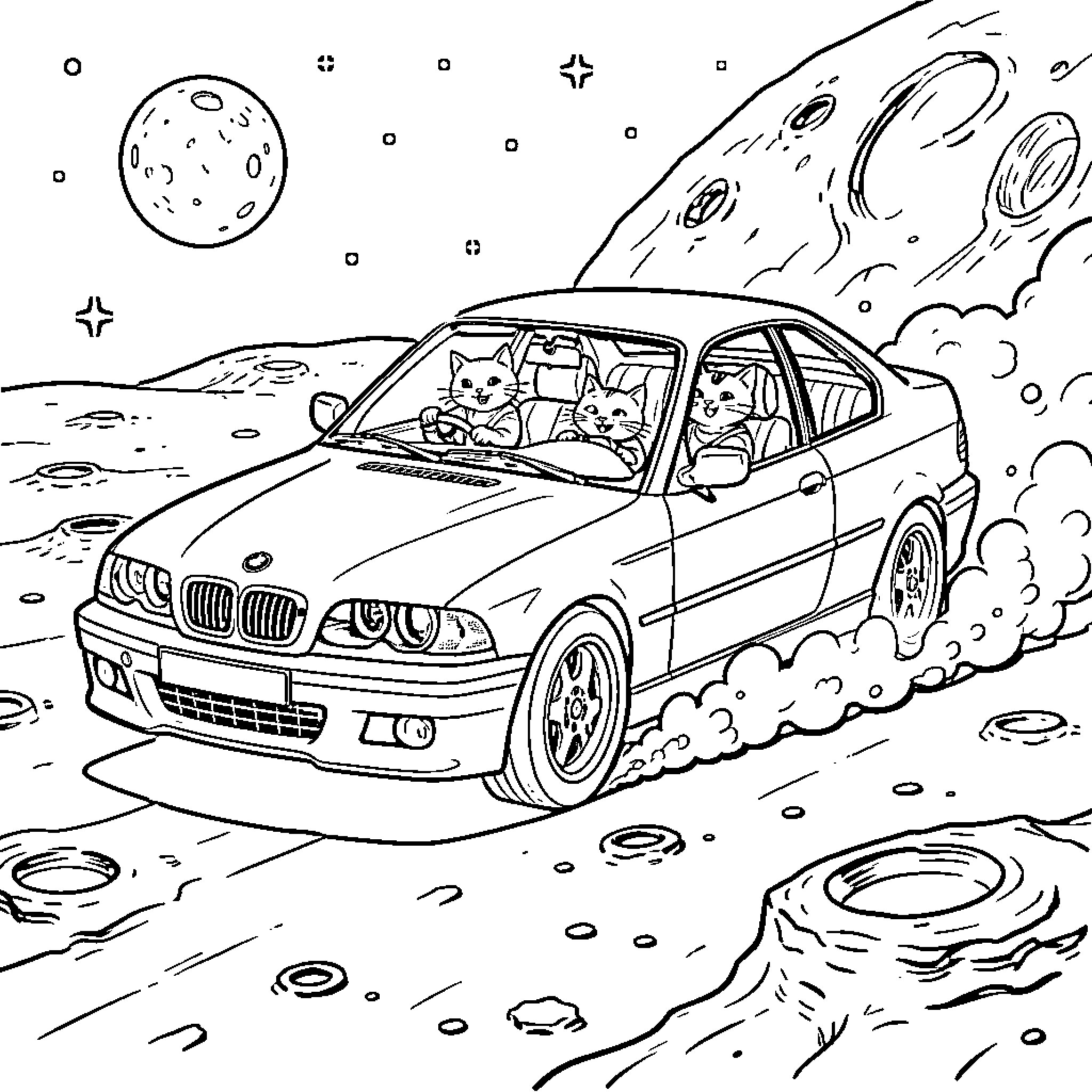 BMW Cats Driving on Alien Landscape Coloring Page (free black-and-white line drawing printable PDF for all, from beginners to advanced learners, including children, teens, adults, and seniors)
