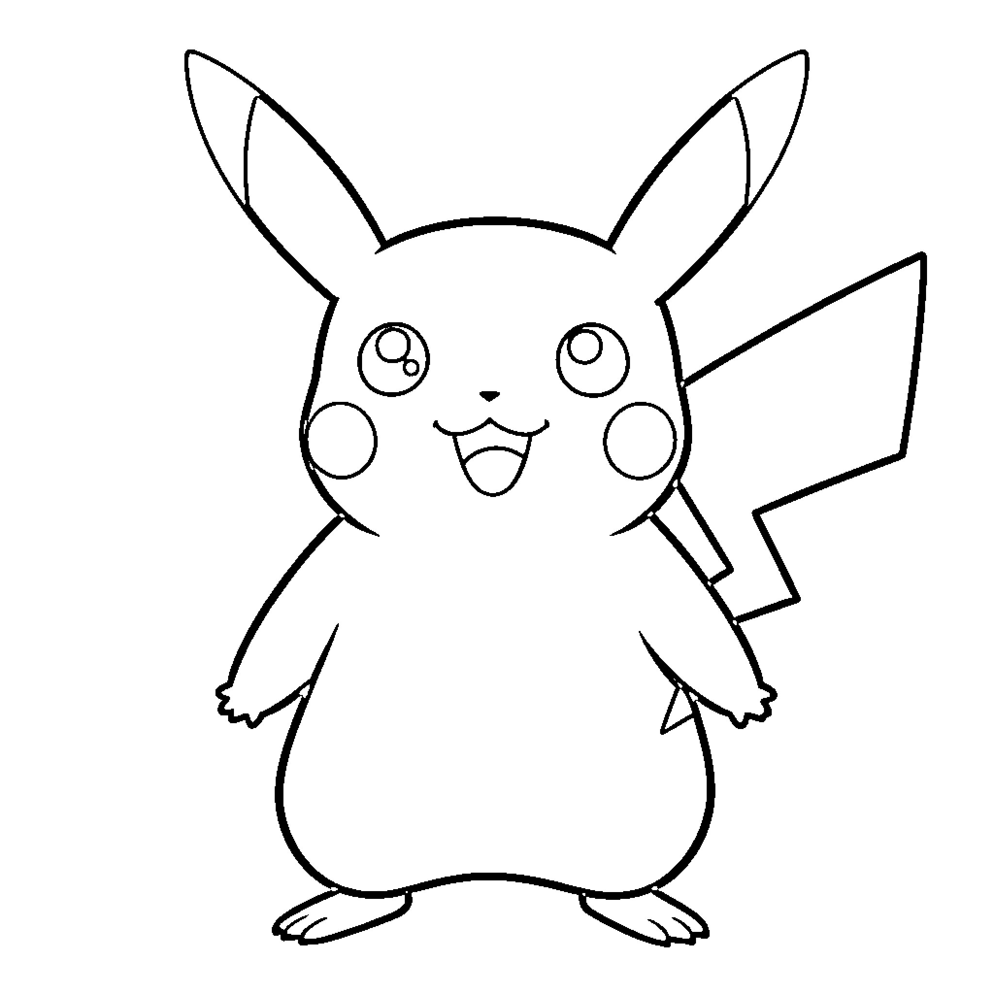 Pikachu joyfully posing in a simple outline Coloring Page (free black-and-white line drawing printable PDF for all, from beginners to advanced learners, including children, teens, adults, and seniors)