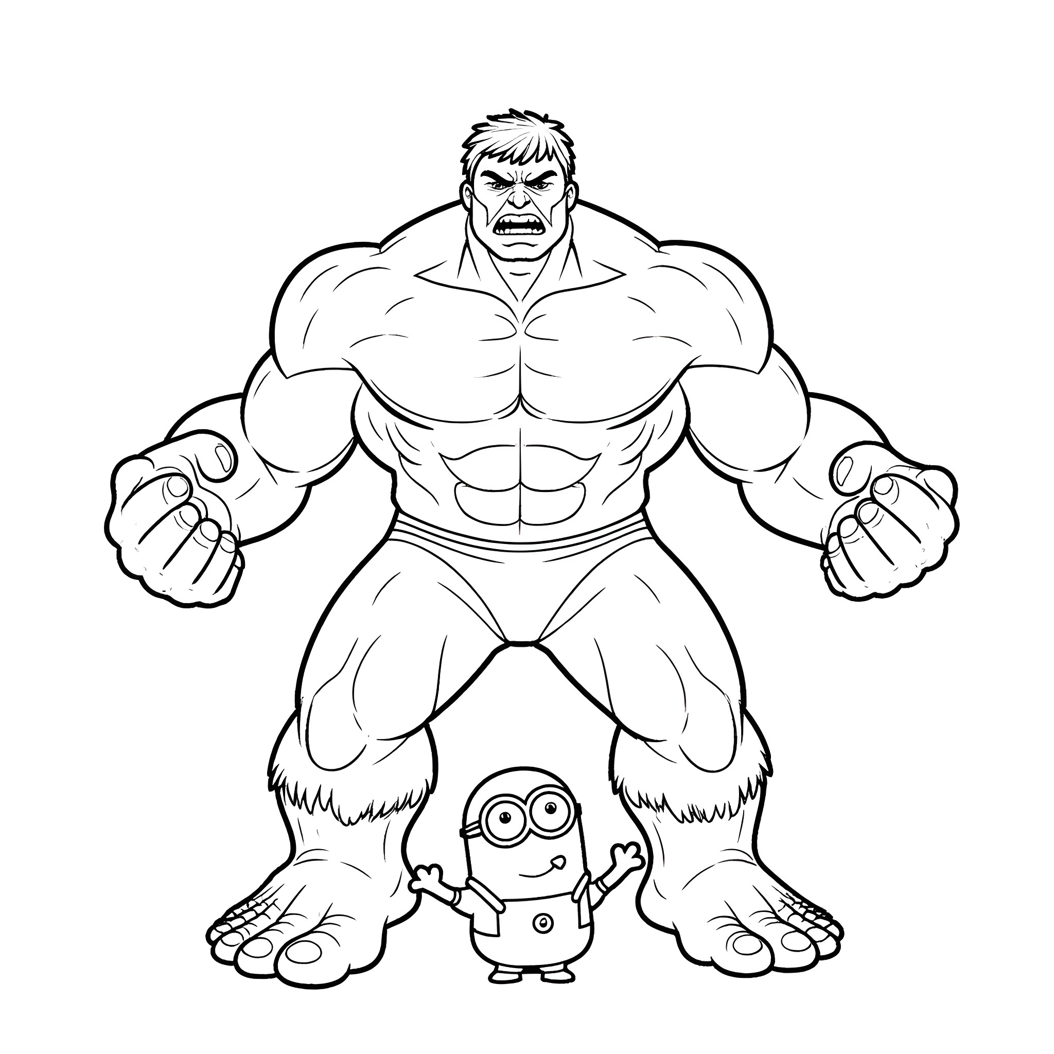 Hulk the Mighty Superhero Towering Over a Tiny Character Coloring Page (free black-and-white line drawing printable PDF for all, from beginners to advanced learners, including children, teens, adults, and seniors)