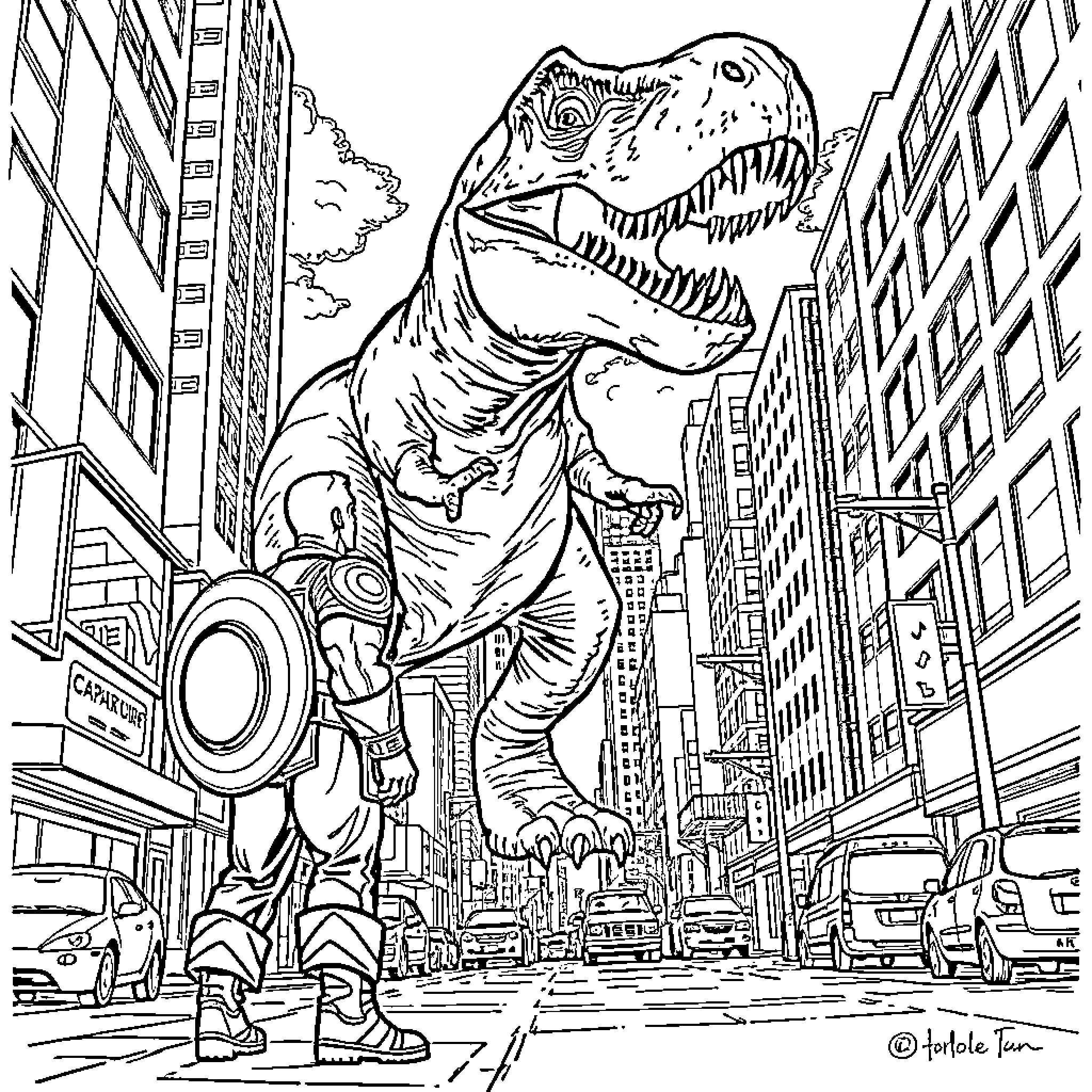 Captain America faces off against a giant dinosaur in New York City Coloring Page (free black-and-white line drawing printable PDF for all, from beginners to advanced learners, including children, teens, adults, and seniors)
