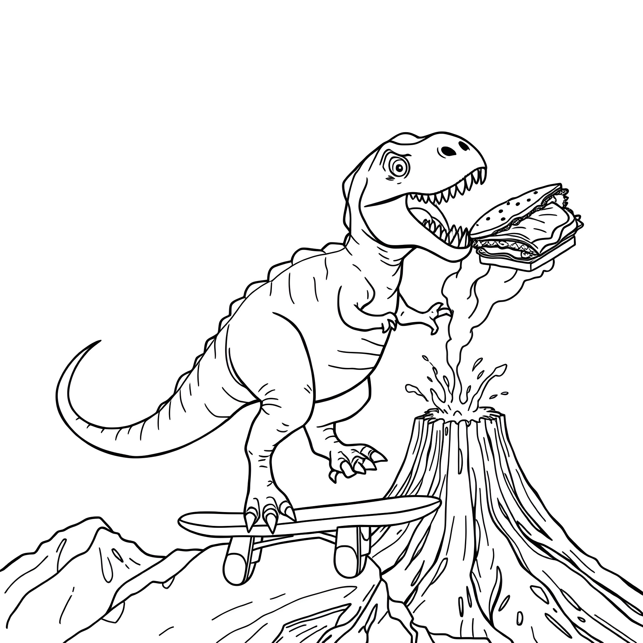 Dinosaur riding skateboard near volcanic eruption Coloring Page (free black-and-white line drawing printable PDF for all, from beginners to advanced learners, including children, teens, adults, and seniors)