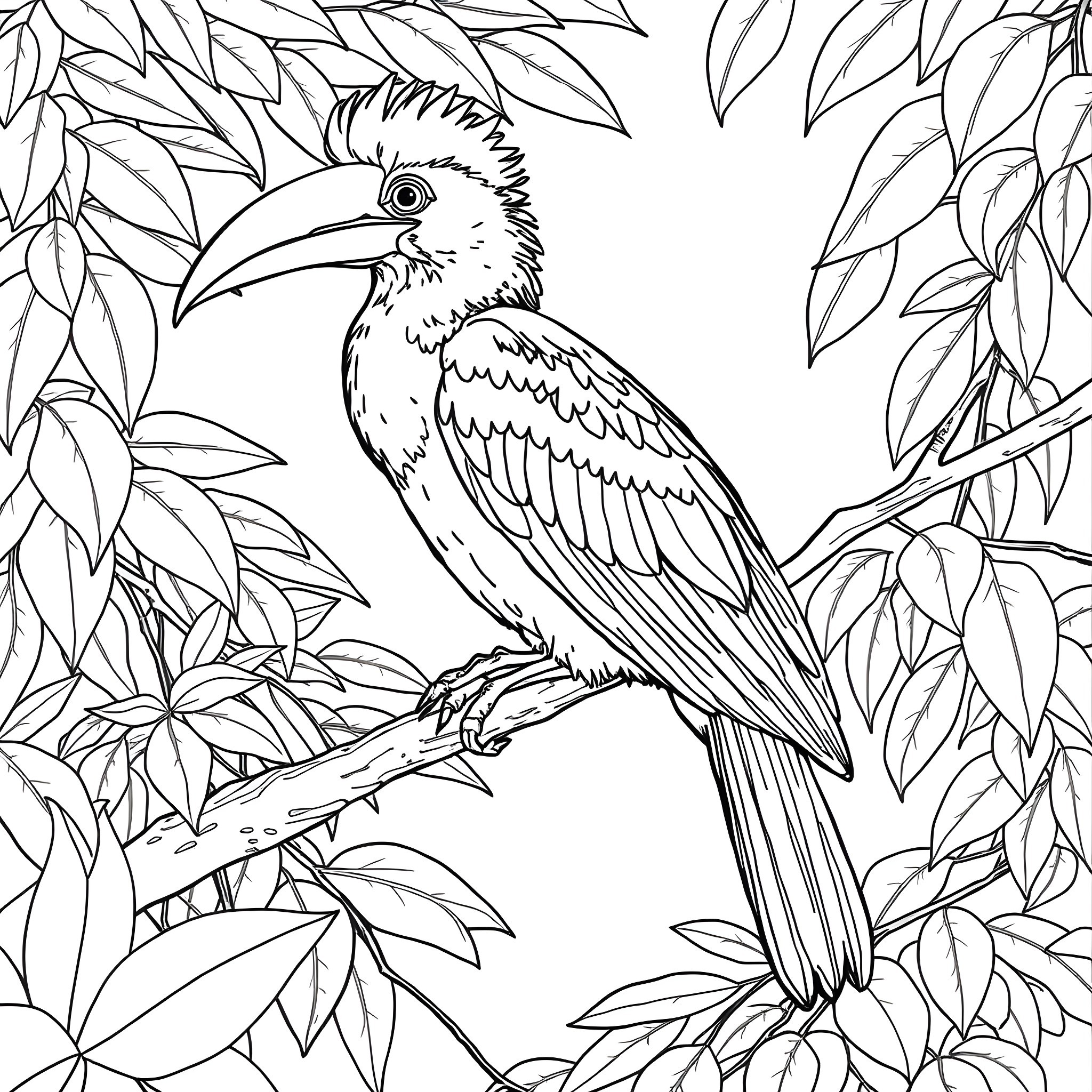 Aulacorhynchus Prasinus Perched in a Lush Foliage Coloring Page (free black-and-white line drawing printable PDF for all, from beginners to advanced learners, including children, teens, adults, and seniors)