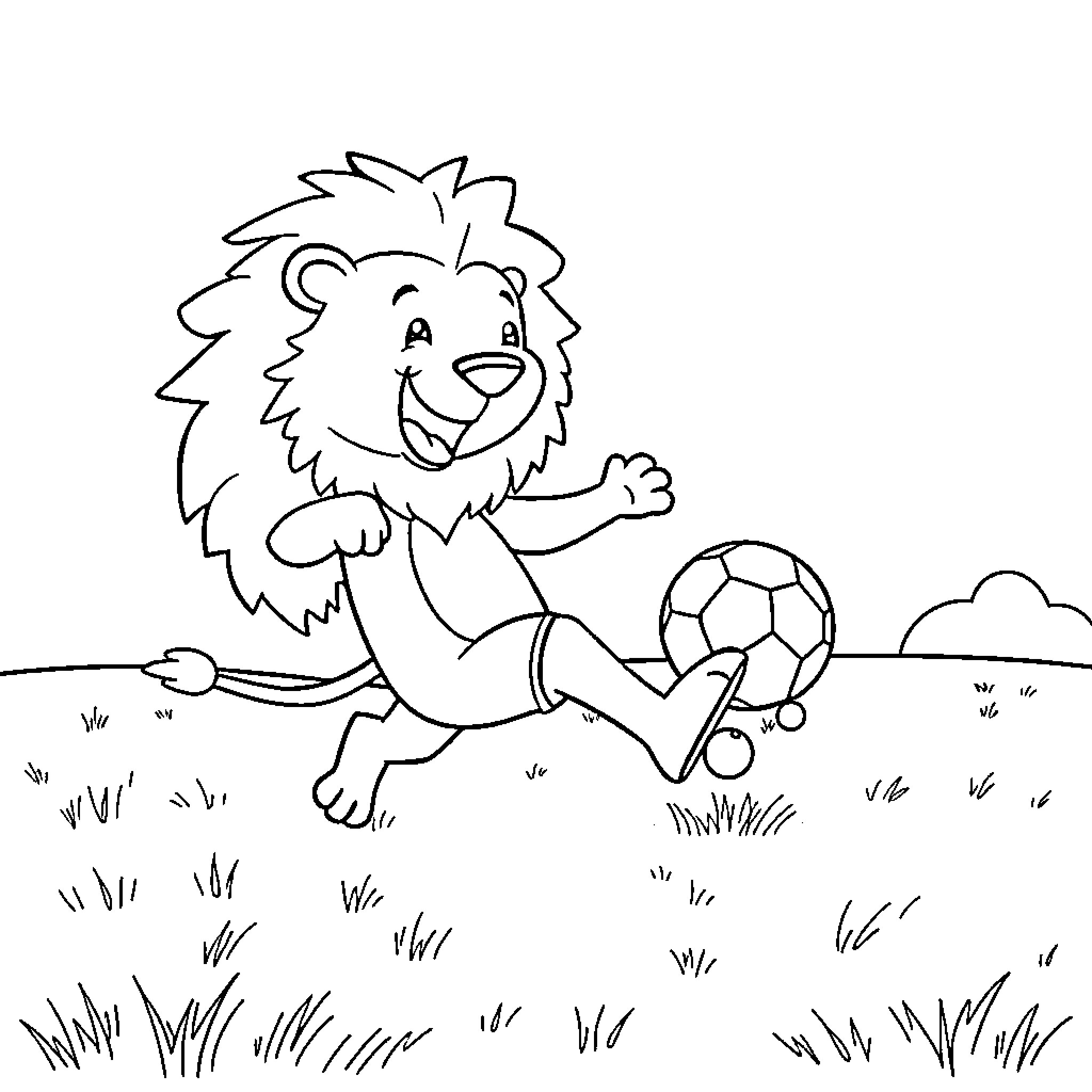 Lion playing with soccer ball on grassy field Coloring Page (free black-and-white line drawing printable PDF for all, from beginners to advanced learners, including children, teens, adults, and seniors)