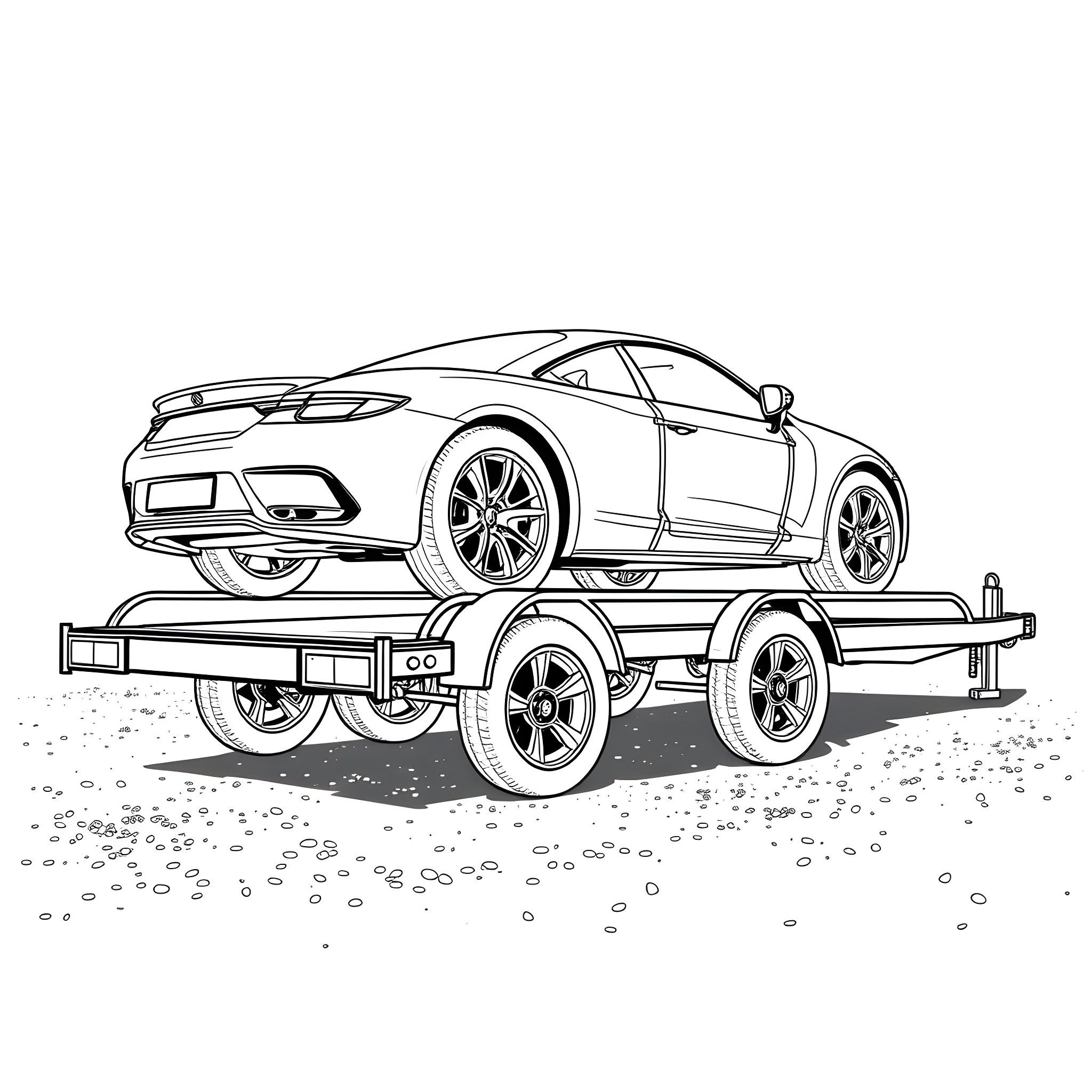 Car Trailer Transporting Modern Sports Car Coloring Page (free black-and-white line drawing printable PDF for all, from beginners to advanced learners, including children, teens, adults, and seniors)