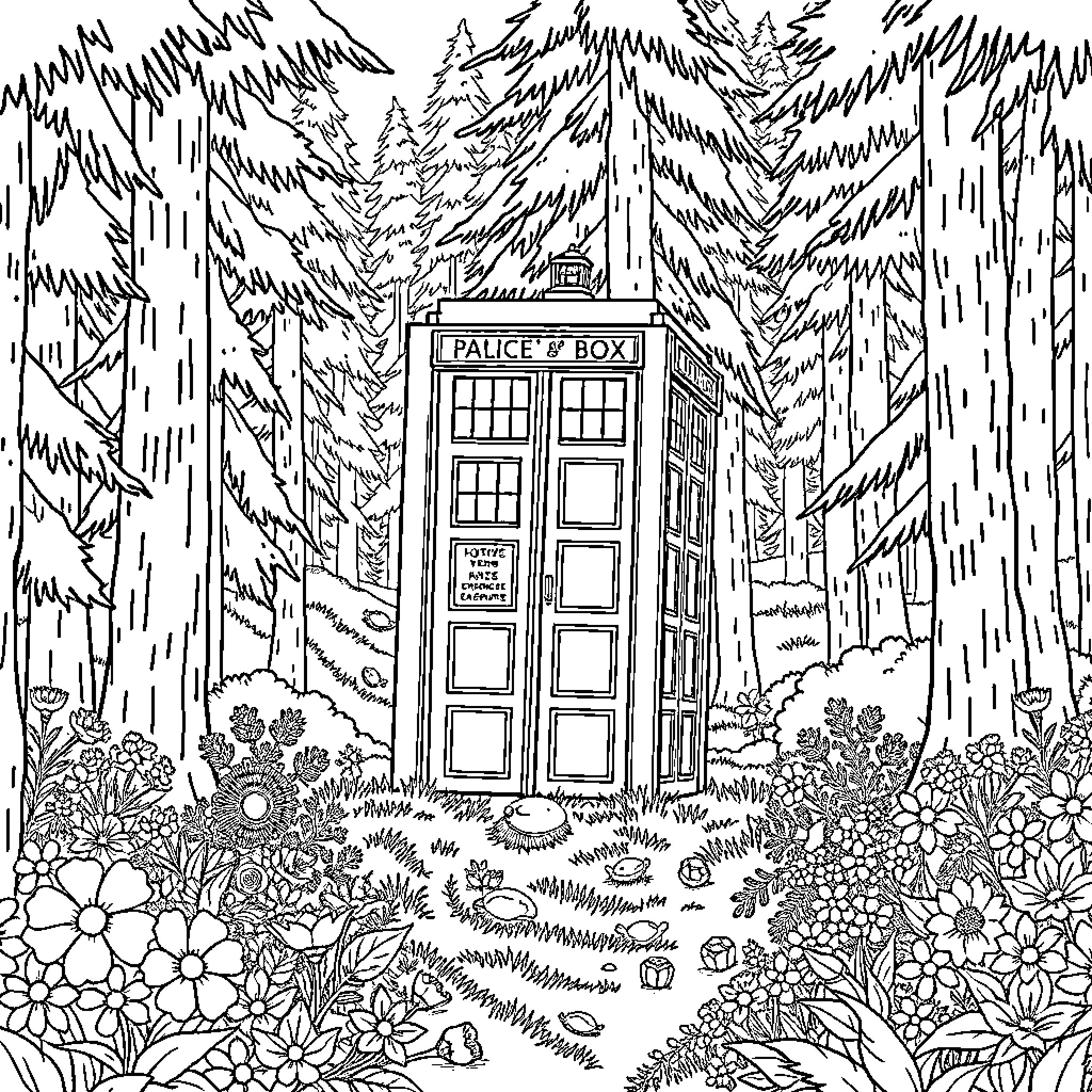 TARDIS in the Enchanted Forest Coloring Page (free black-and-white line drawing printable PDF for all, from beginners to advanced learners, including children, teens, adults, and seniors)