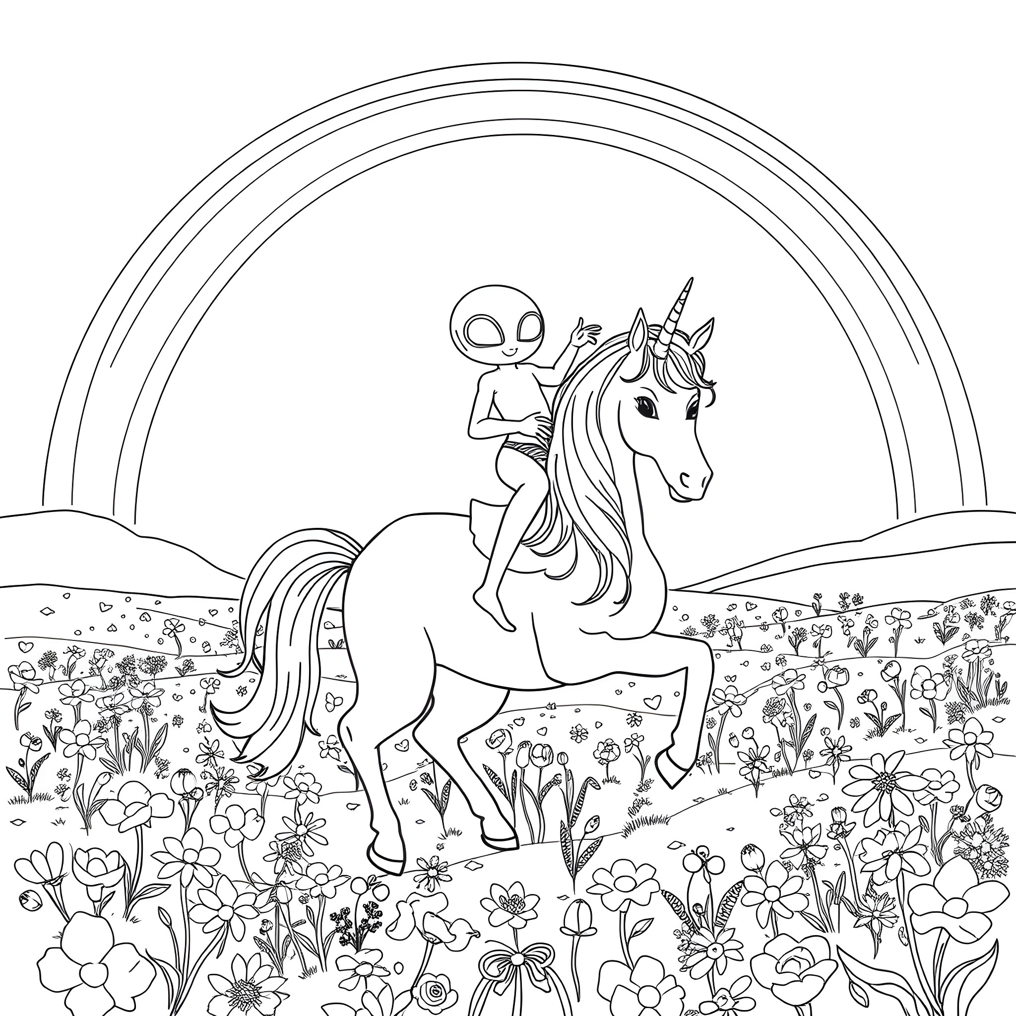Alien riding a unicorn in a whimsical floral landscape Coloring Page (free black-and-white line drawing printable PDF for all, from beginners to advanced learners, including children, teens, adults, and seniors)