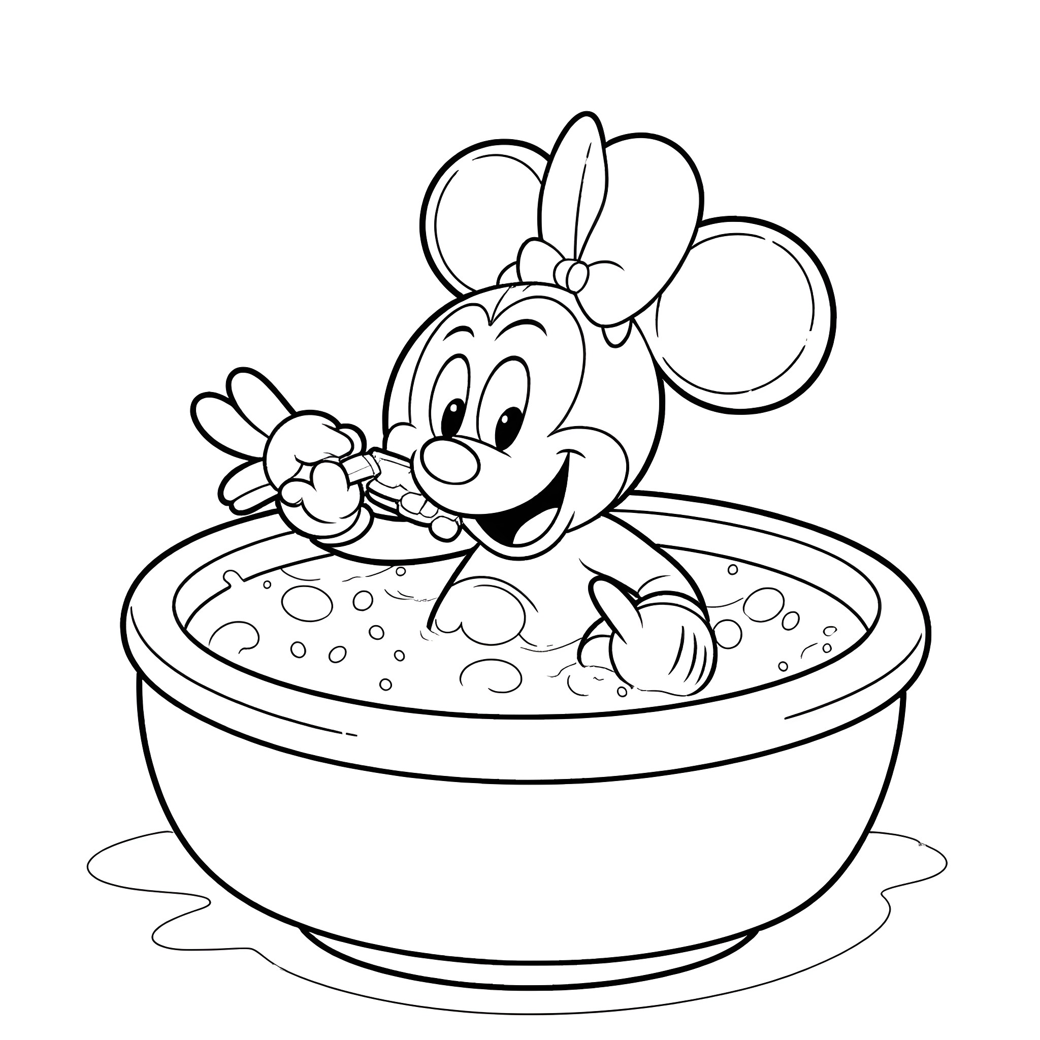 Mickey Mouse taking a bubbly bath Coloring Page (free black-and-white line drawing printable PDF for all, from beginners to advanced learners, including children, teens, adults, and seniors)