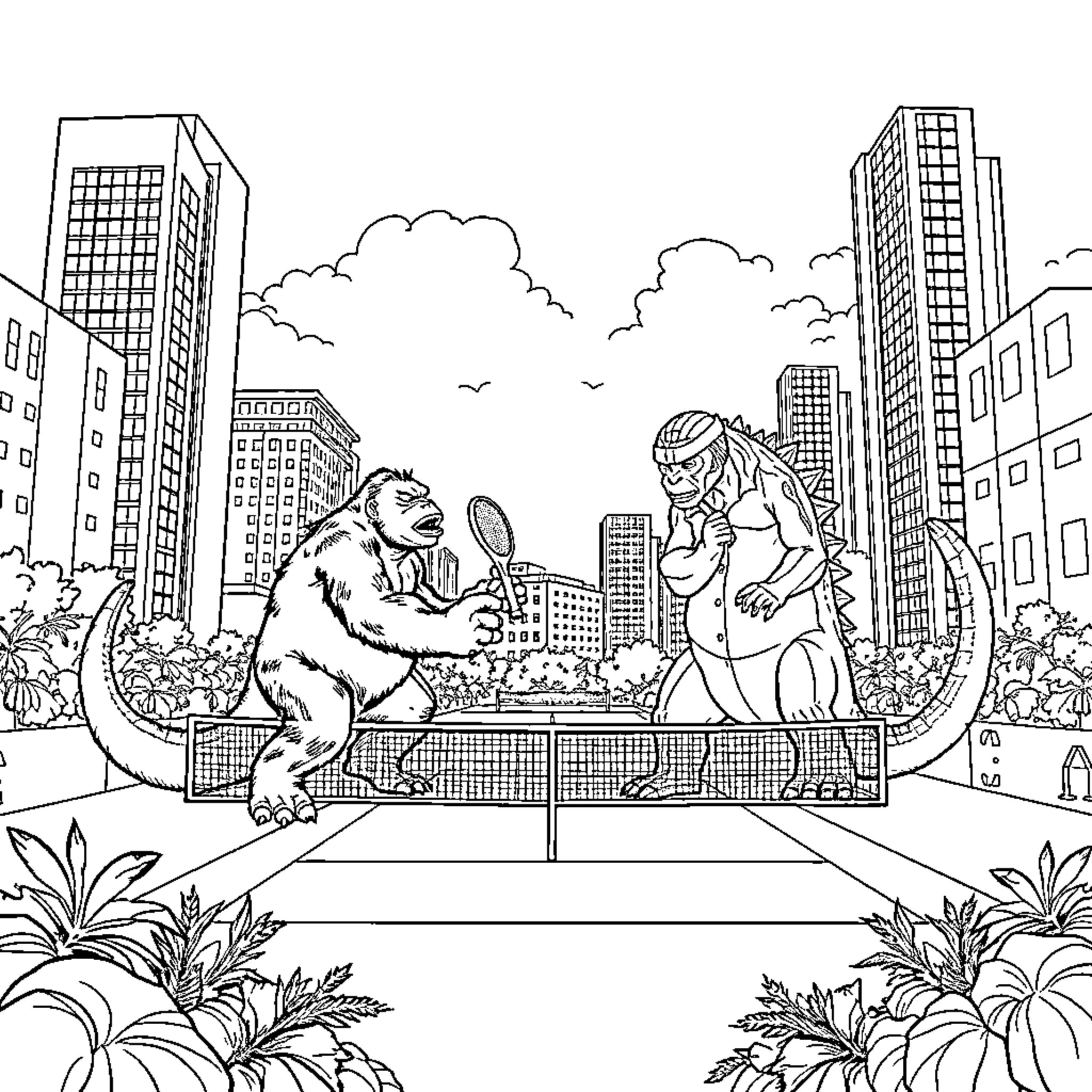 King Kong playing tennis with human opponent in city Coloring Page (free black-and-white line drawing printable PDF for all, from beginners to advanced learners, including children, teens, adults, and seniors)
