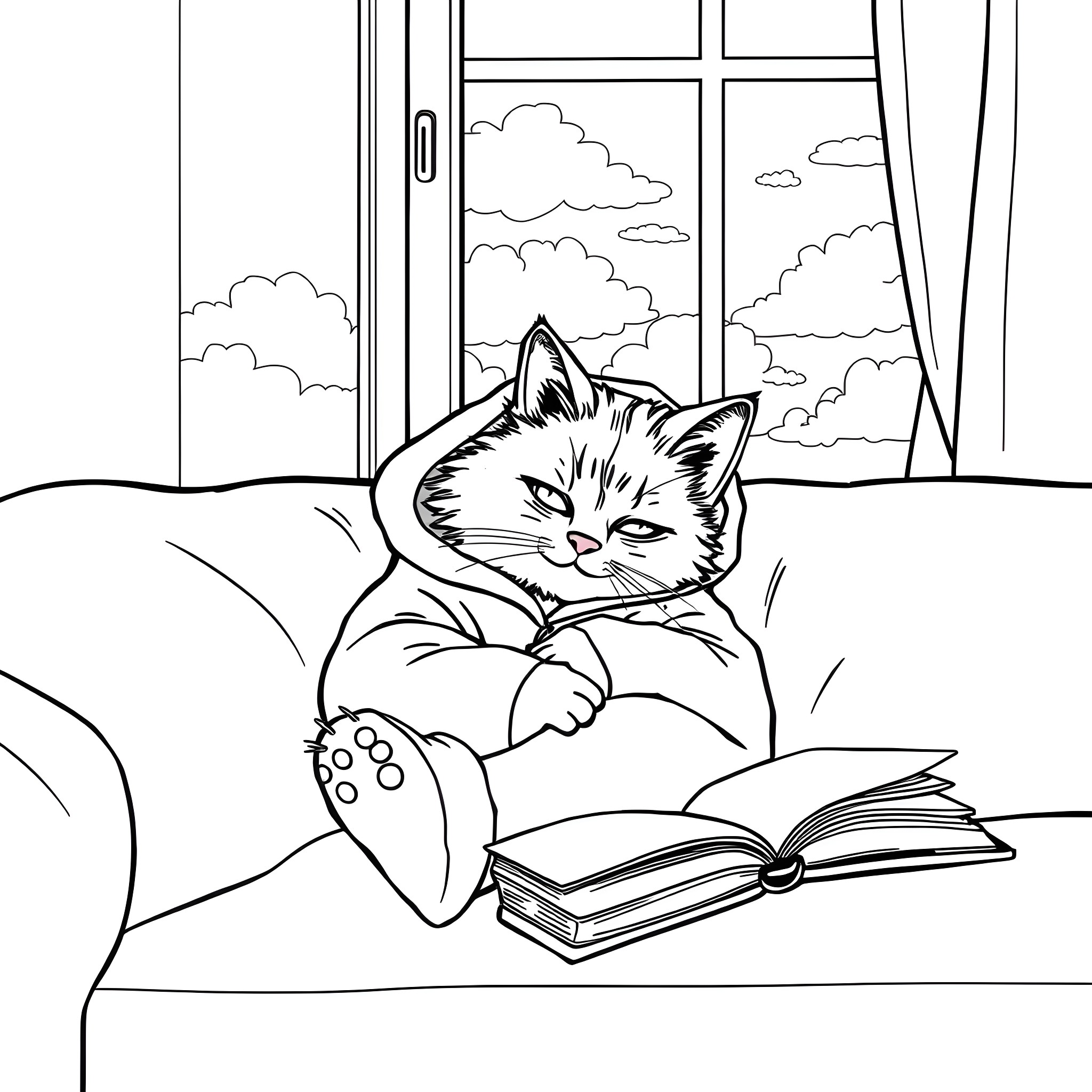 Cat relaxing by the window with a book Coloring Page (free black-and-white line drawing printable PDF for all, from beginners to advanced learners, including children, teens, adults, and seniors)