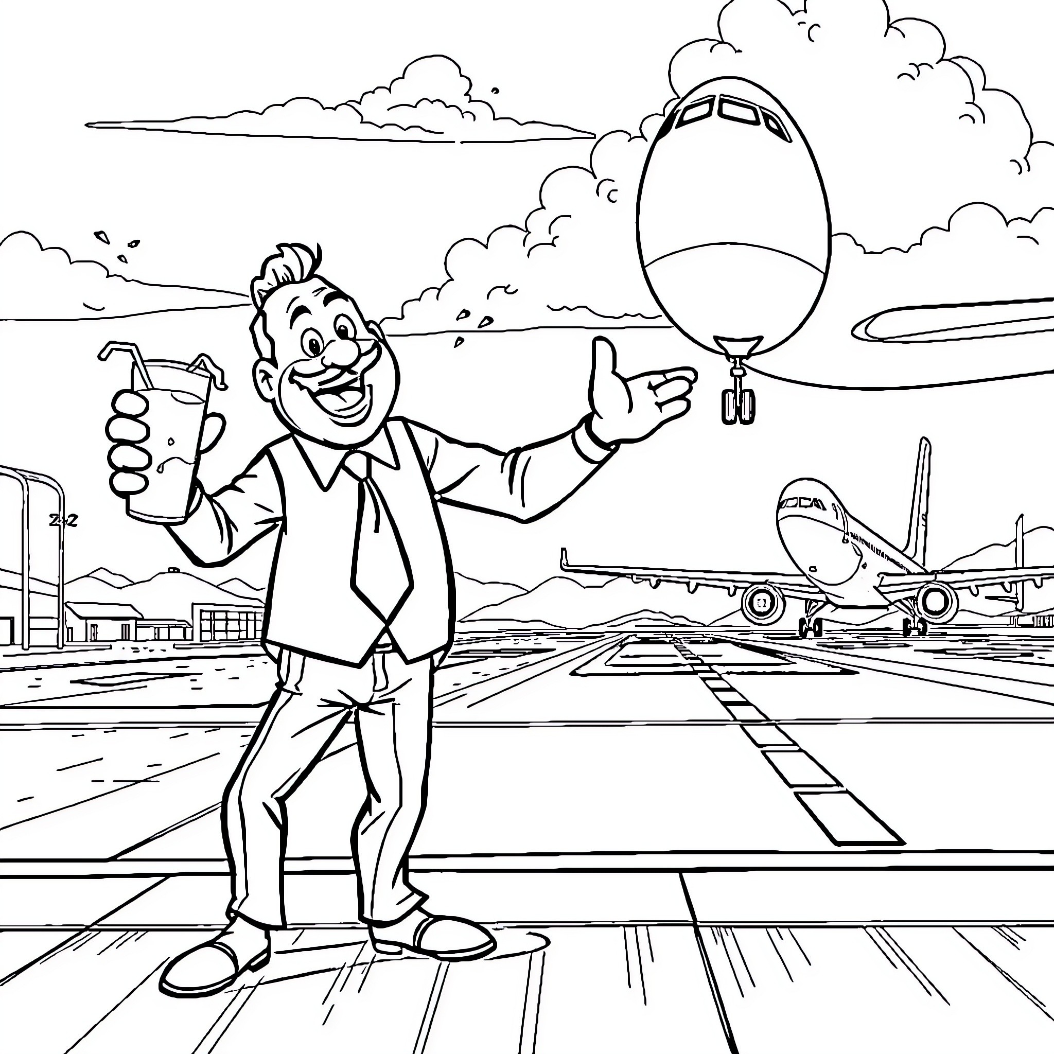 Mr T Enjoying a Drink at the Airport Terminal Coloring Page (free black-and-white line drawing printable PDF for all, from beginners to advanced learners, including children, teens, adults, and seniors)