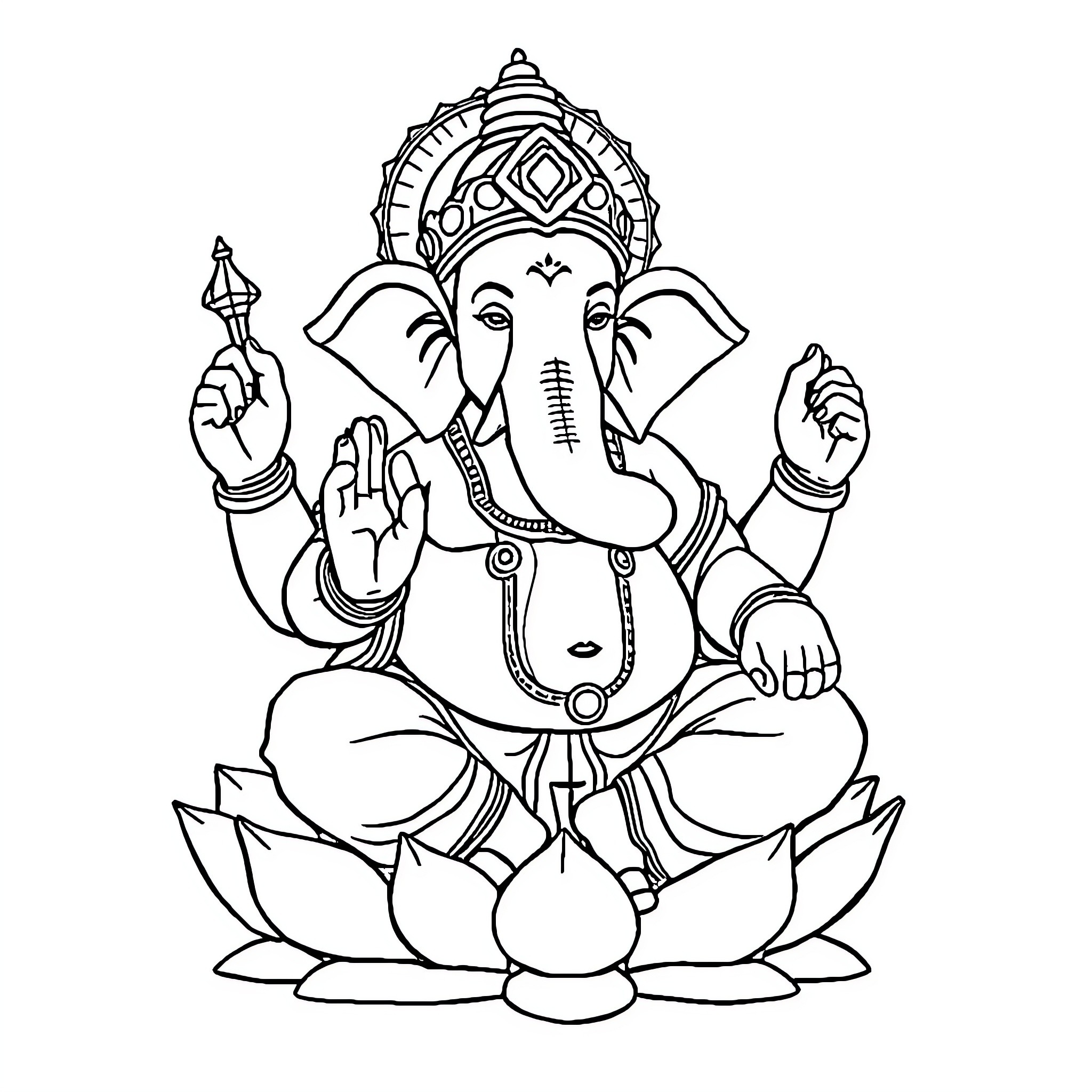 Ganapati seated in meditation with symbolic elements Coloring Page (free black-and-white line drawing printable PDF for all, from beginners to advanced learners, including children, teens, adults, and seniors)