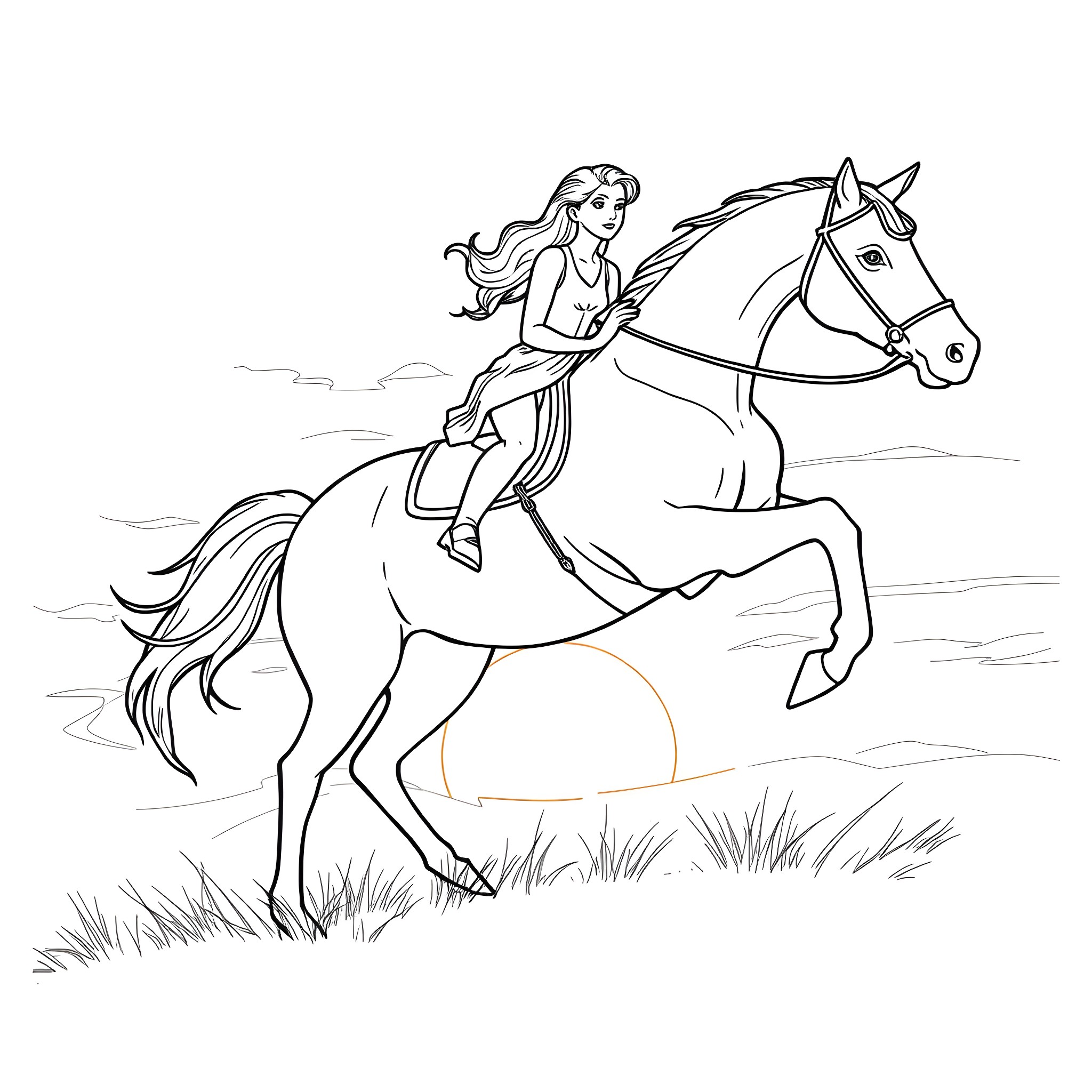 Horse and rider in the meadow Coloring Page (free black-and-white line drawing printable PDF for all, from beginners to advanced learners, including children, teens, adults, and seniors)