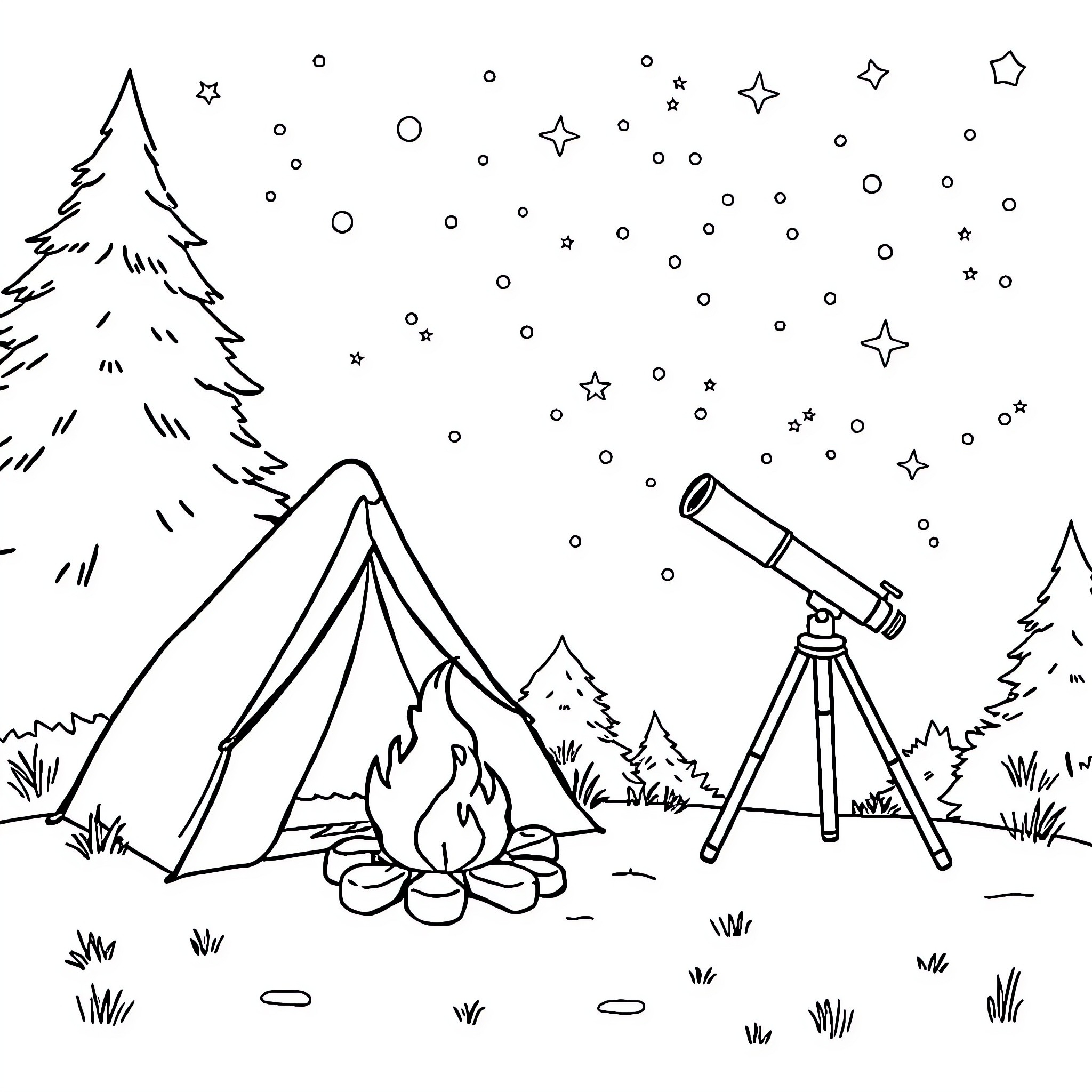 Tent camping under starry night sky Coloring Page (free black-and-white line drawing printable PDF for all, from beginners to advanced learners, including children, teens, adults, and seniors)