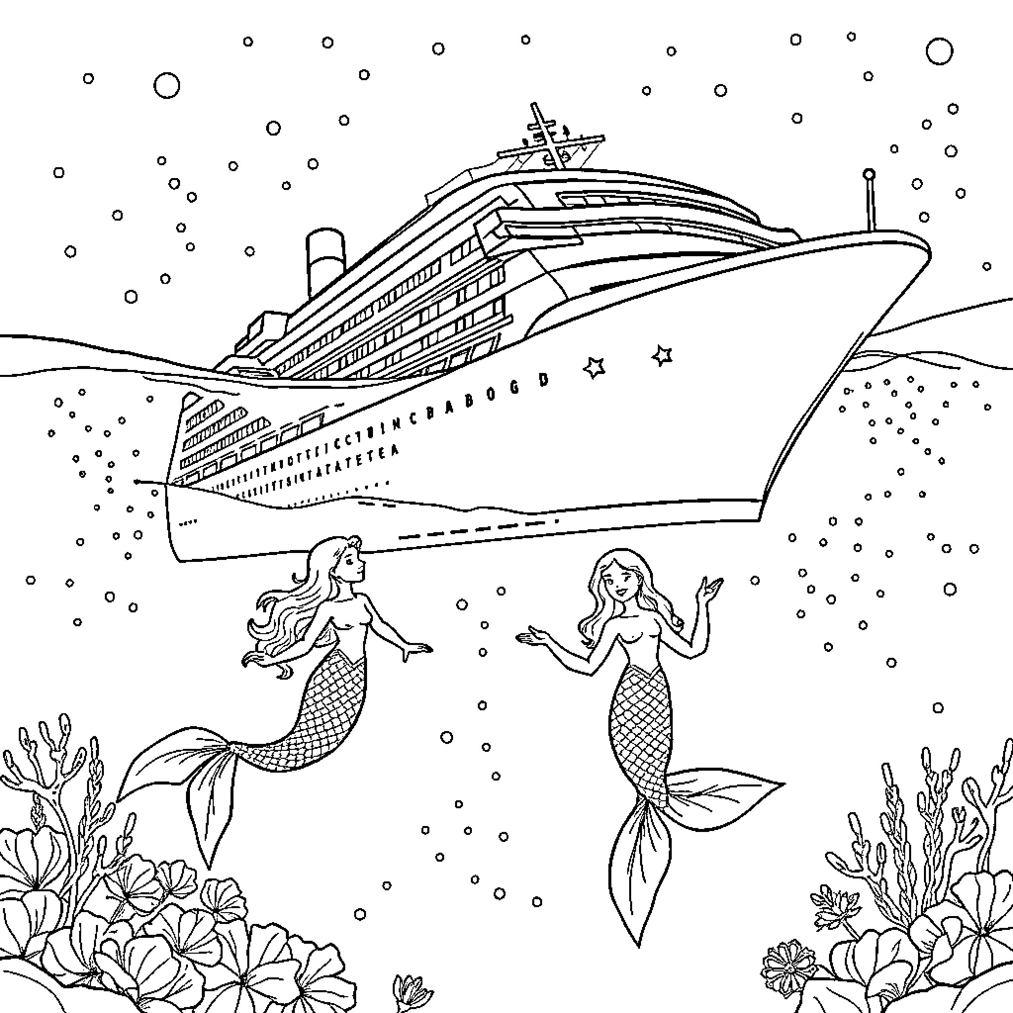 Mermaid Cruise Ship Voyage in the Deep Sea Coloring Page (free black-and-white line drawing printable PDF for all, from beginners to advanced learners, including children, teens, adults, and seniors)