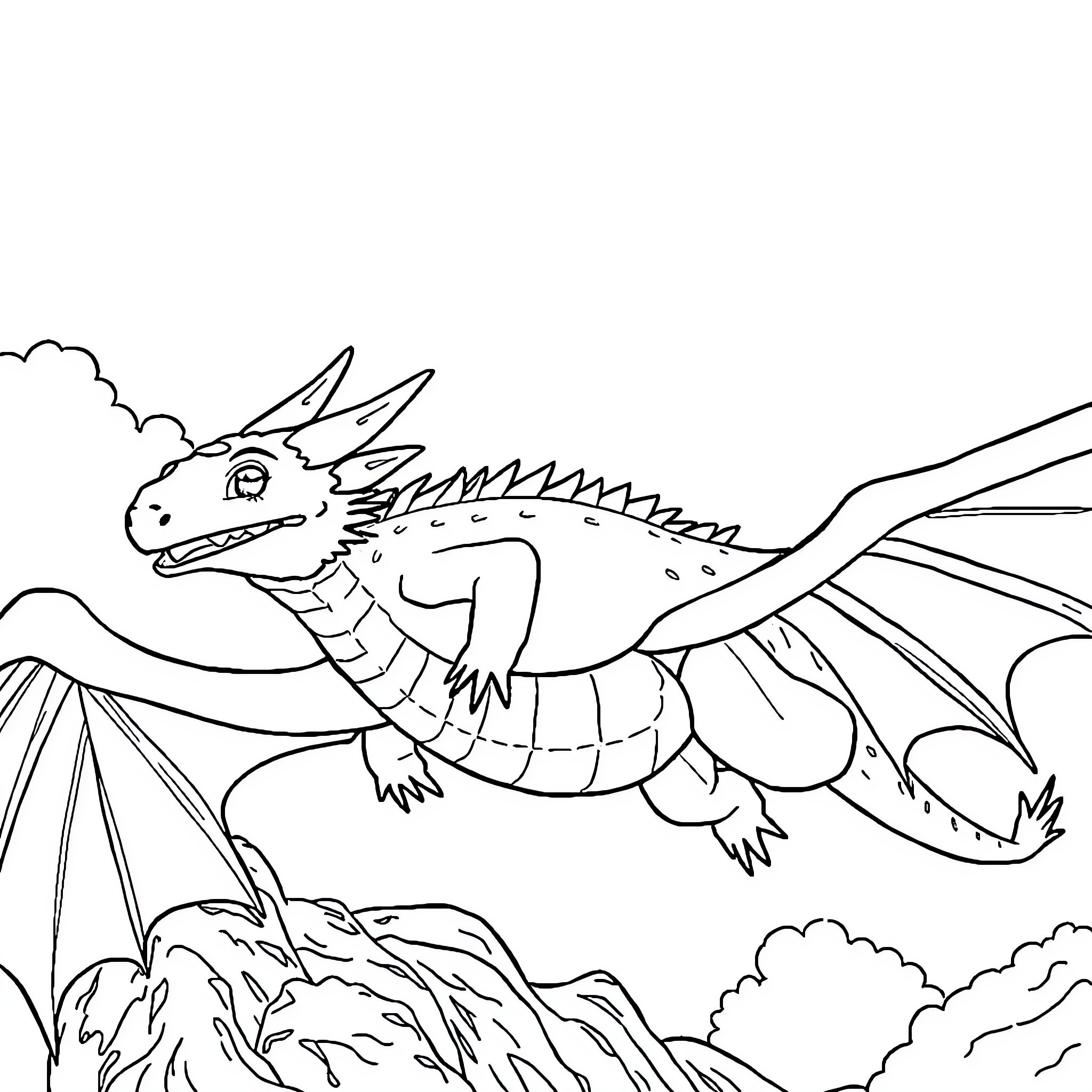 Axolotl soaring over the clouds Coloring Page (free black-and-white line drawing printable PDF for all, from beginners to advanced learners, including children, teens, adults, and seniors)
