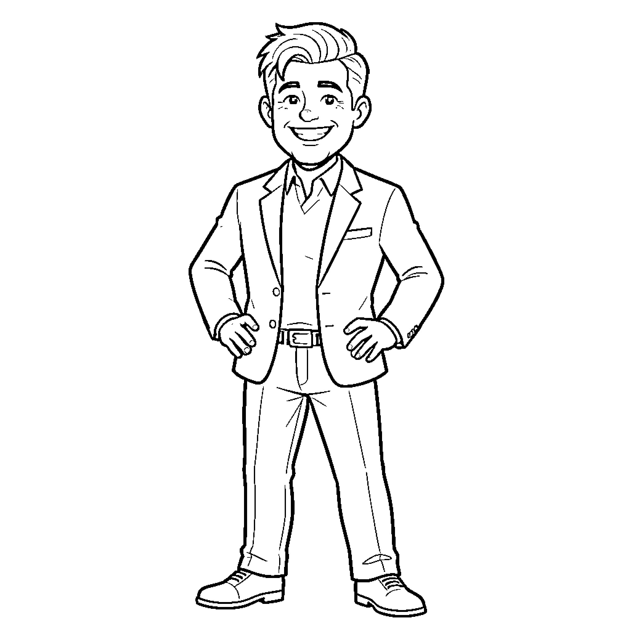 Adam McGill smiling in a formal suit Coloring Page (free black-and-white line drawing printable PDF for all, from beginners to advanced learners, including children, teens, adults, and seniors)