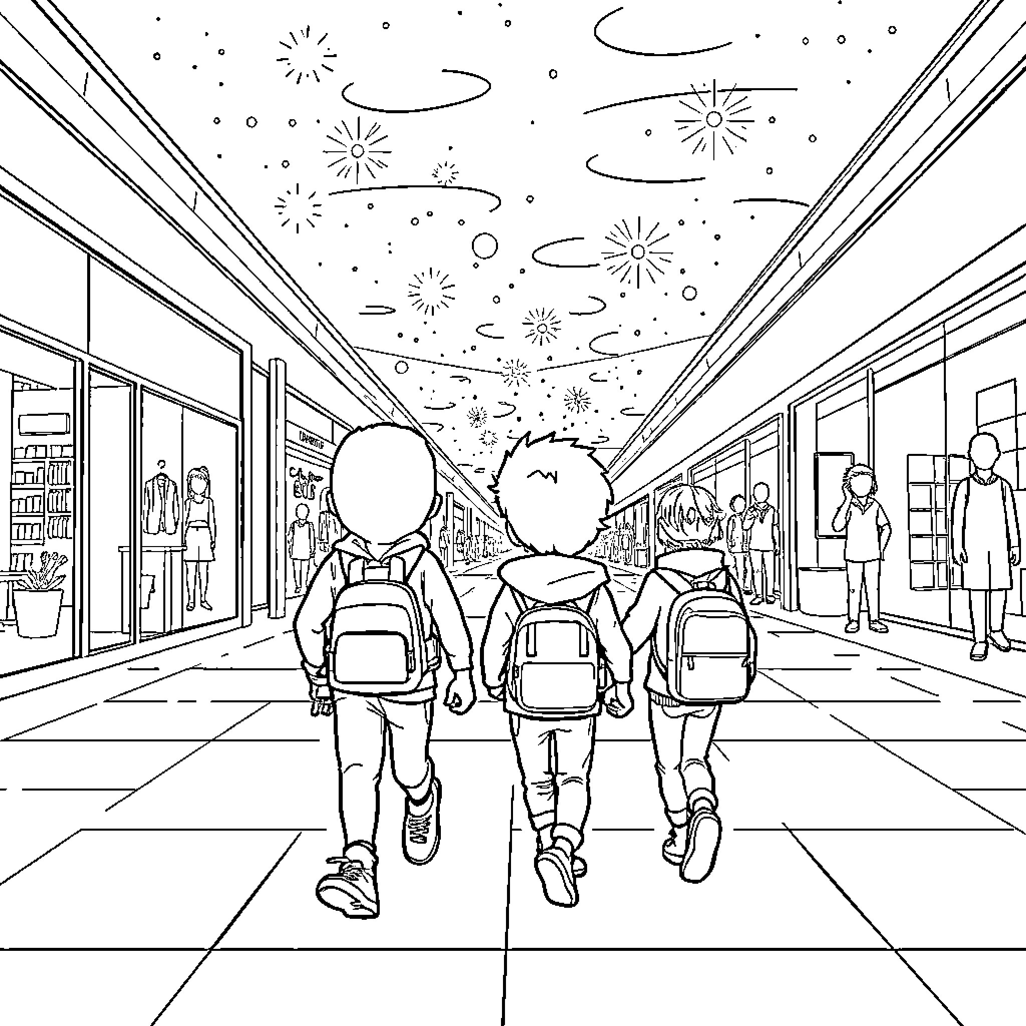 Huntrix in the Dazzling Mall Corridor Coloring Page (free black-and-white line drawing printable PDF for all, from beginners to advanced learners, including children, teens, adults, and seniors)