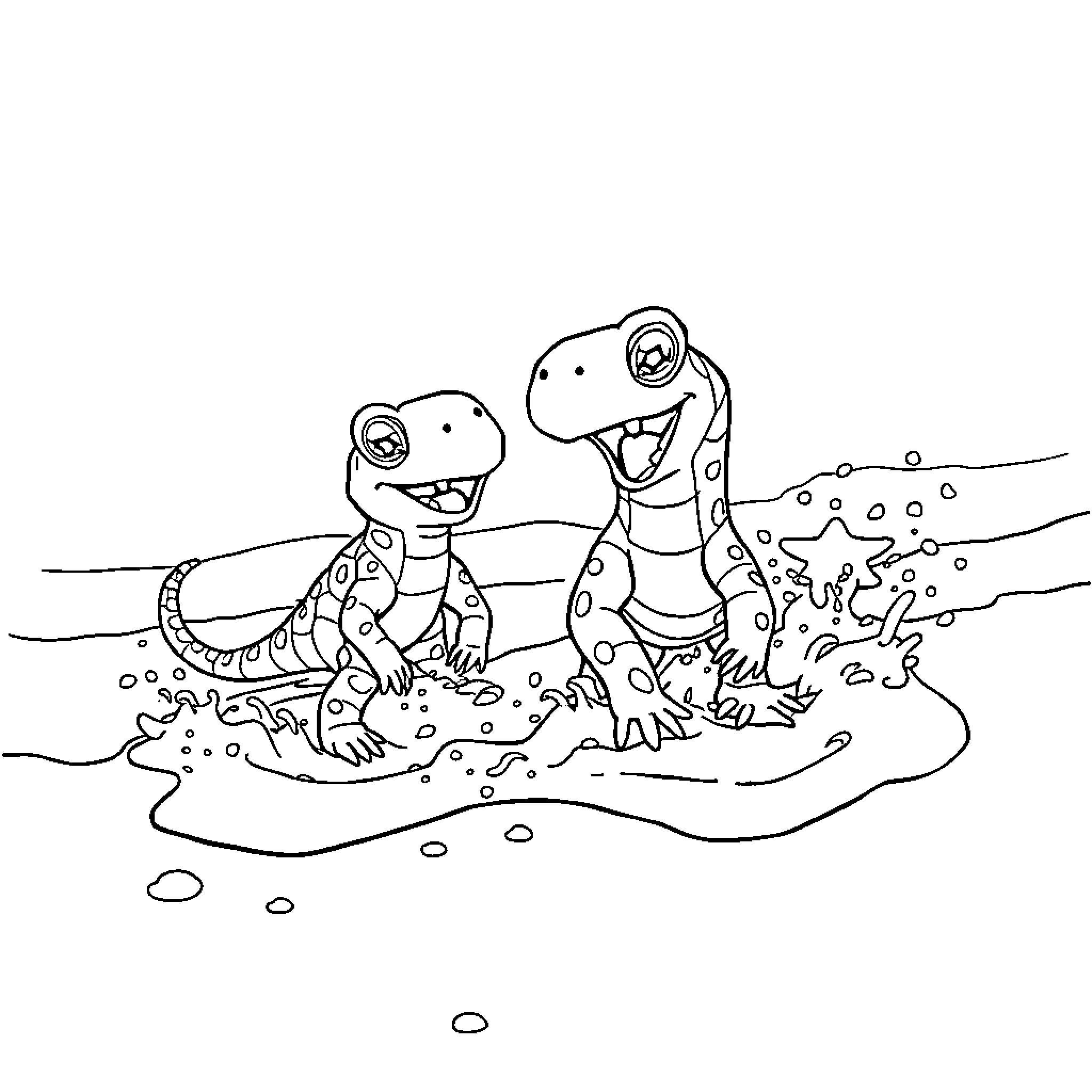 Terrapagos Reptiles Playing in the Mud Coloring Page (free black-and-white line drawing printable PDF for all, from beginners to advanced learners, including children, teens, adults, and seniors)