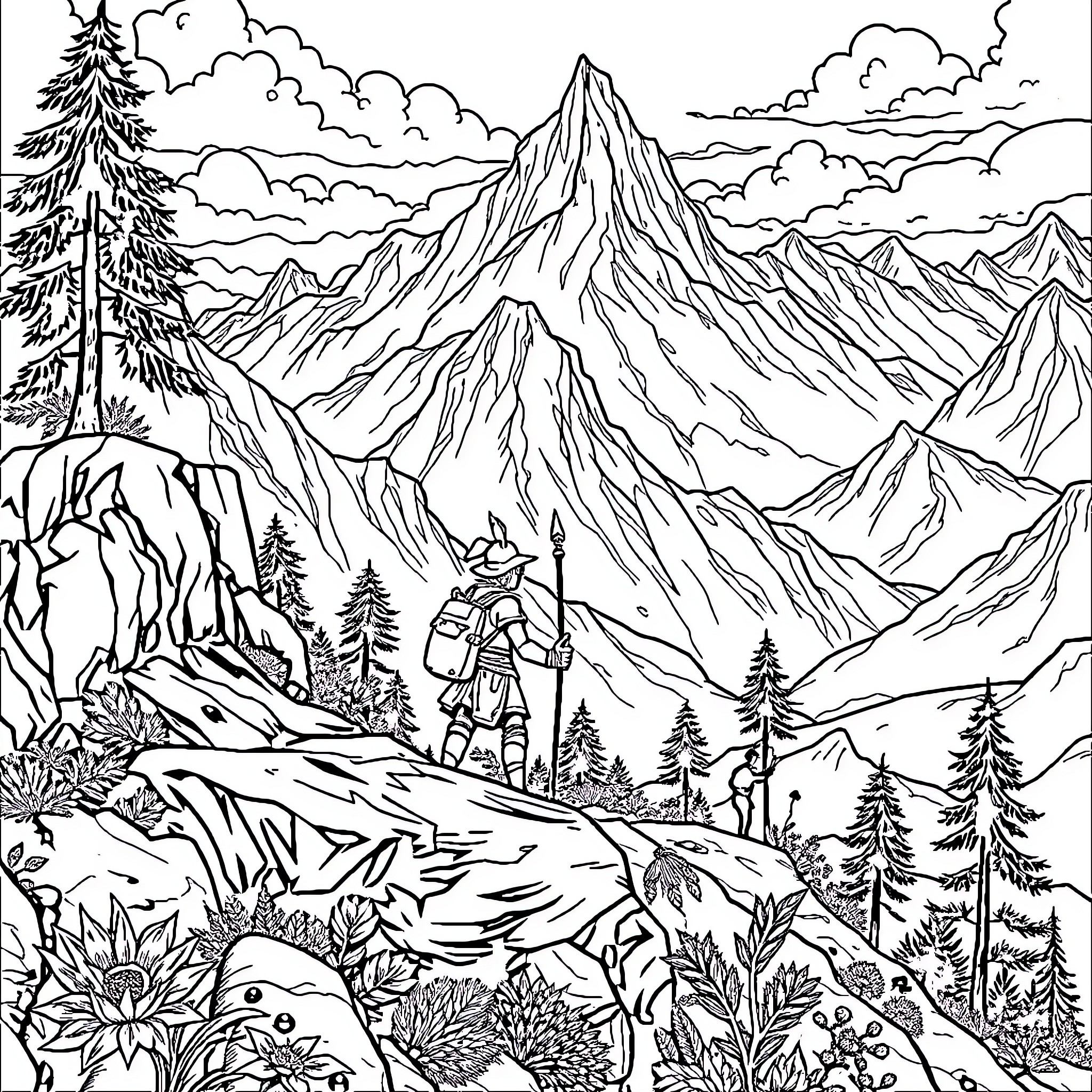Huntrix Exploring Majestic Mountain Terrain Coloring Page (free black-and-white line drawing printable PDF for all, from beginners to advanced learners, including children, teens, adults, and seniors)