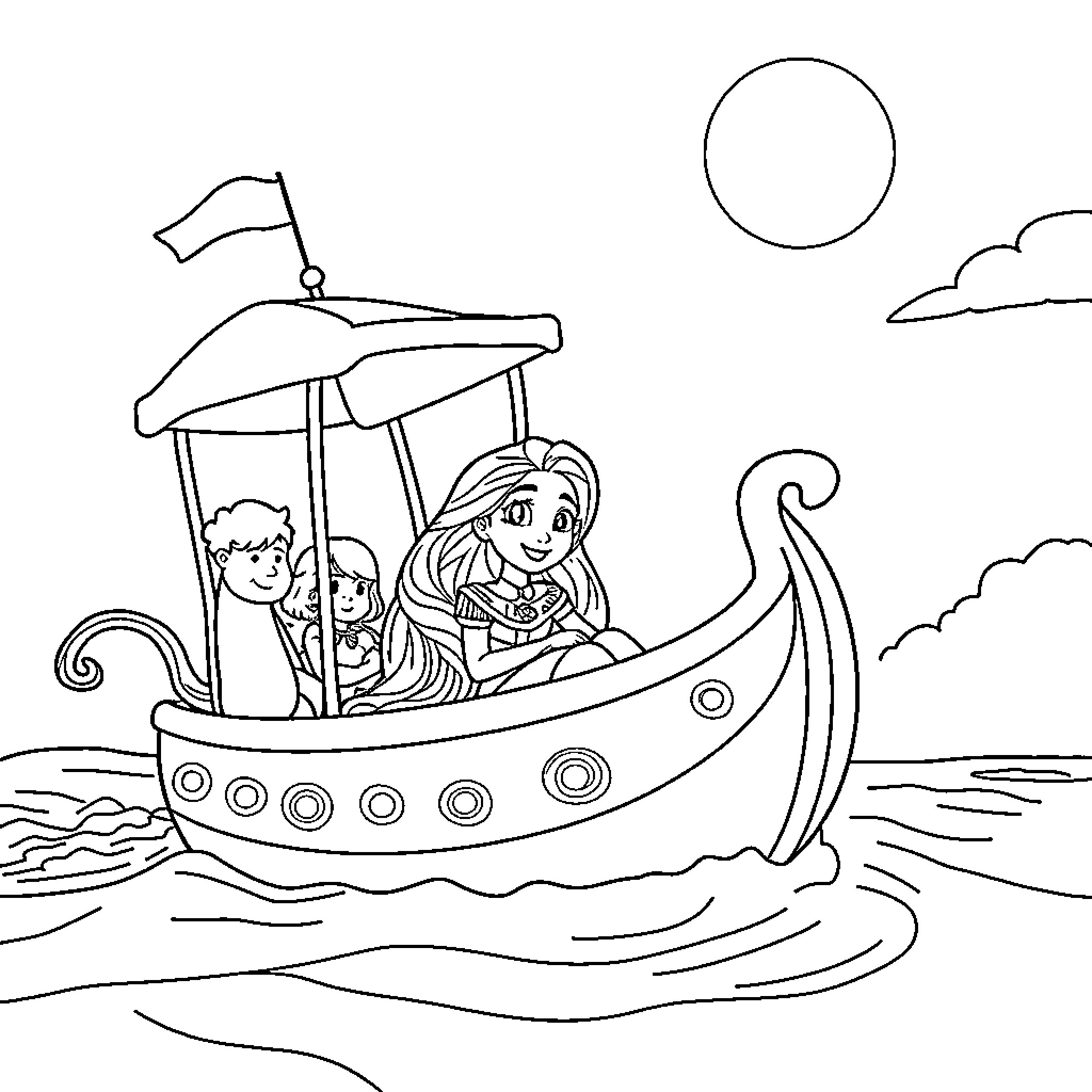 Rapunzel sailing on a whimsical boat Coloring Page (free black-and-white line drawing printable PDF for all, from beginners to advanced learners, including children, teens, adults, and seniors)