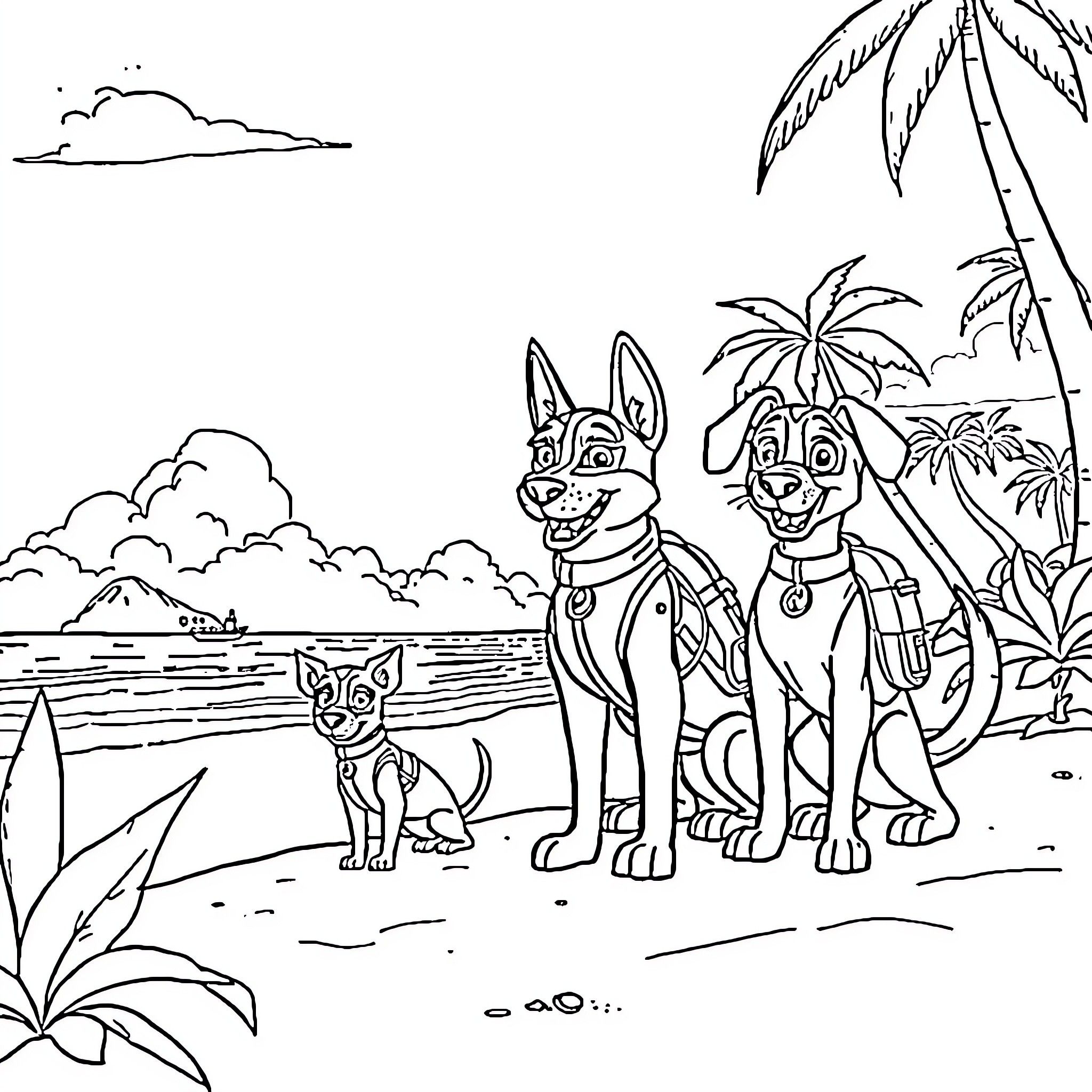 Paw Patrol characters exploring a tropical beach Coloring Page (free black-and-white line drawing printable PDF for all, from beginners to advanced learners, including children, teens, adults, and seniors)