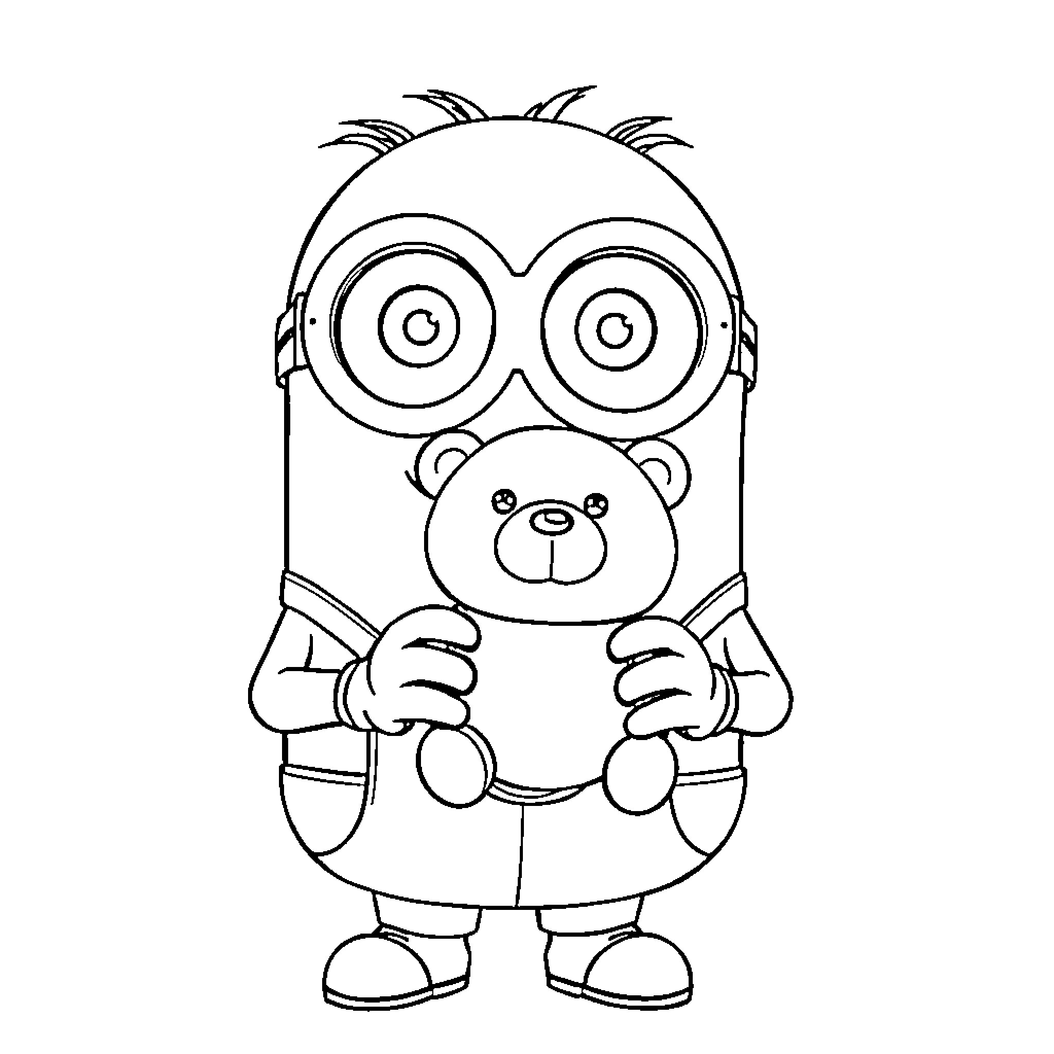 Bob the Minion playing with a teddy bear Coloring Page (free black-and-white line drawing printable PDF for all, from beginners to advanced learners, including children, teens, adults, and seniors)