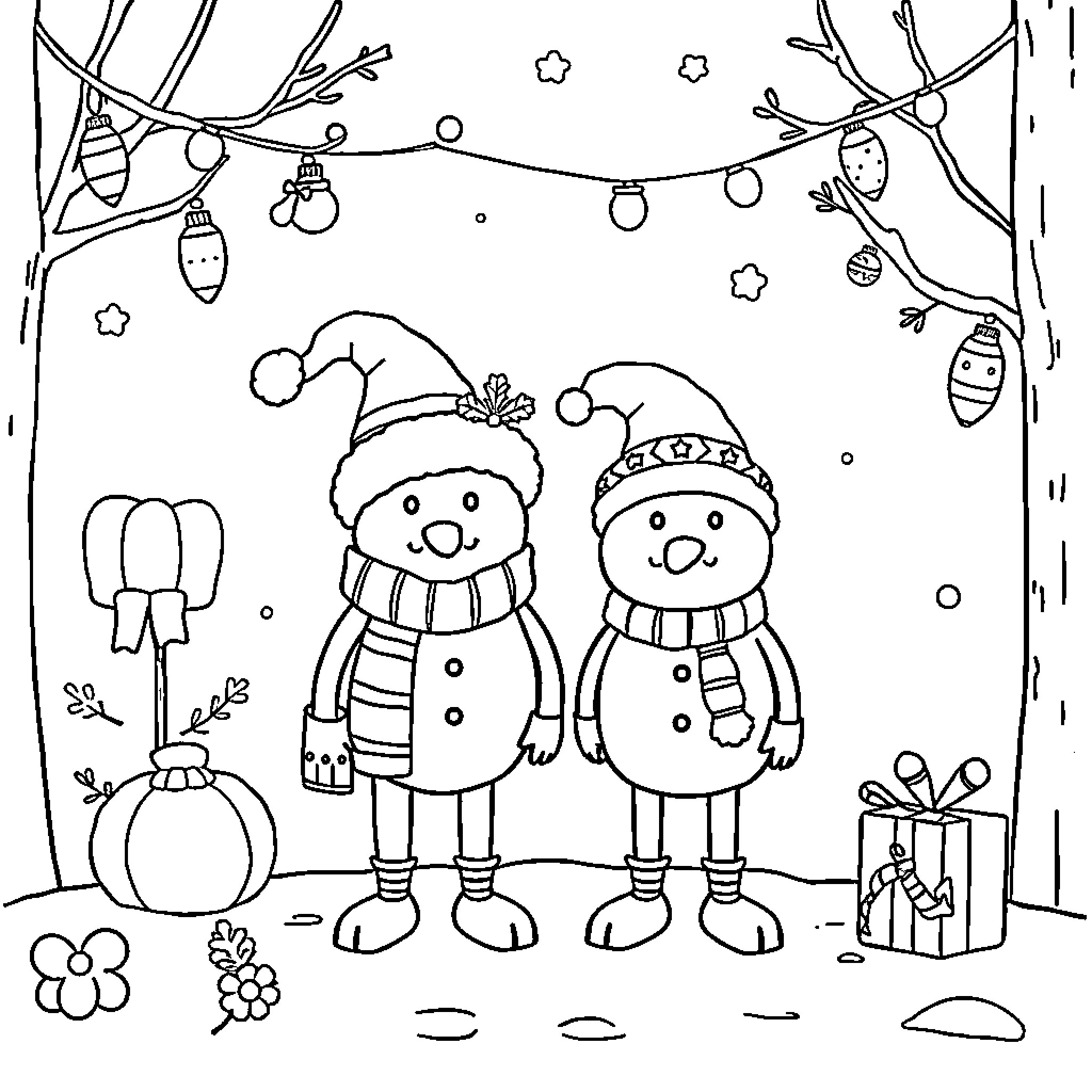 Fall Guys Celebrate Festive Winter Wonderland Coloring Page (free black-and-white line drawing printable PDF for all, from beginners to advanced learners, including children, teens, adults, and seniors)