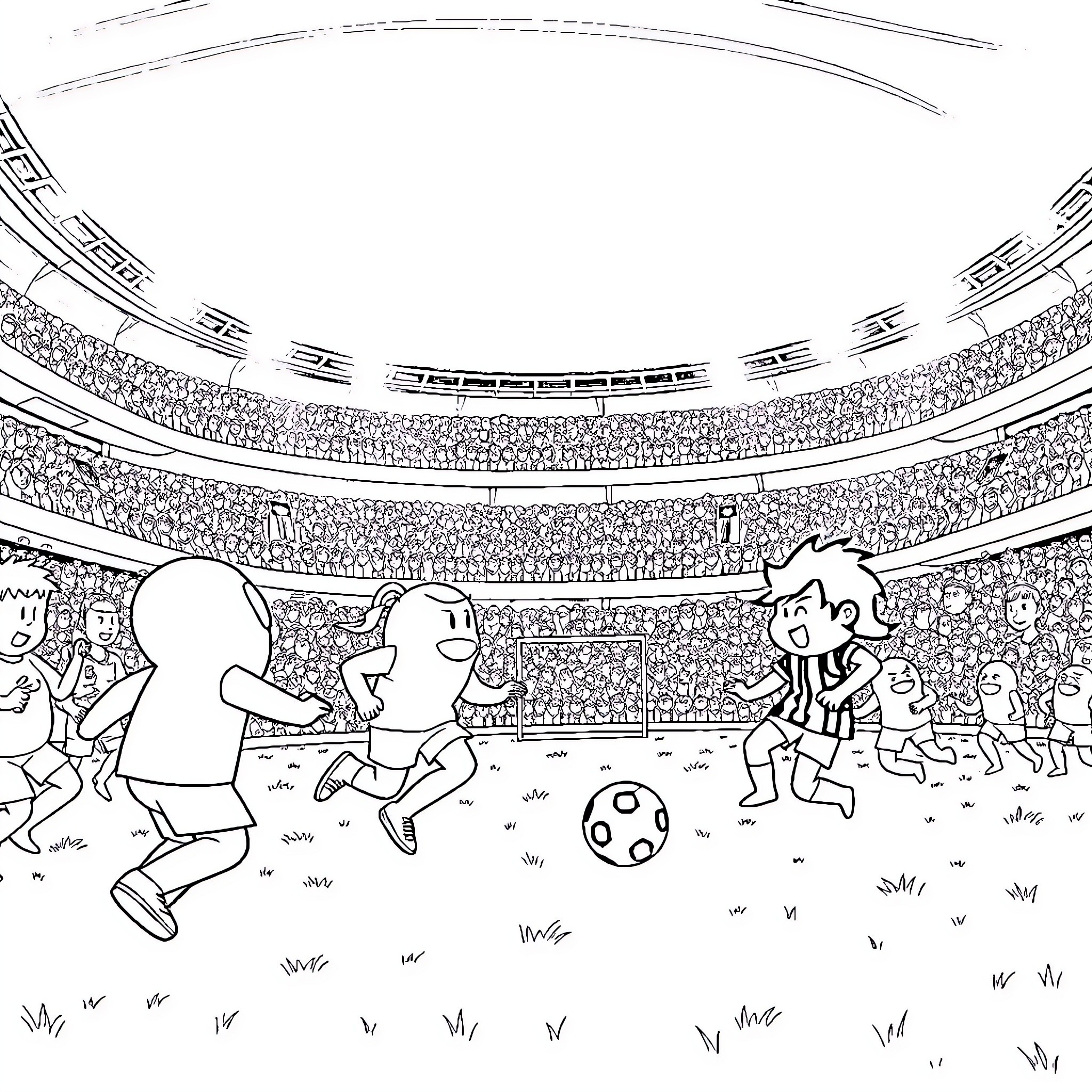 Among Us Characters Playing Soccer in the Stadium Coloring Page (free black-and-white line drawing printable PDF for all, from beginners to advanced learners, including children, teens, adults, and seniors)