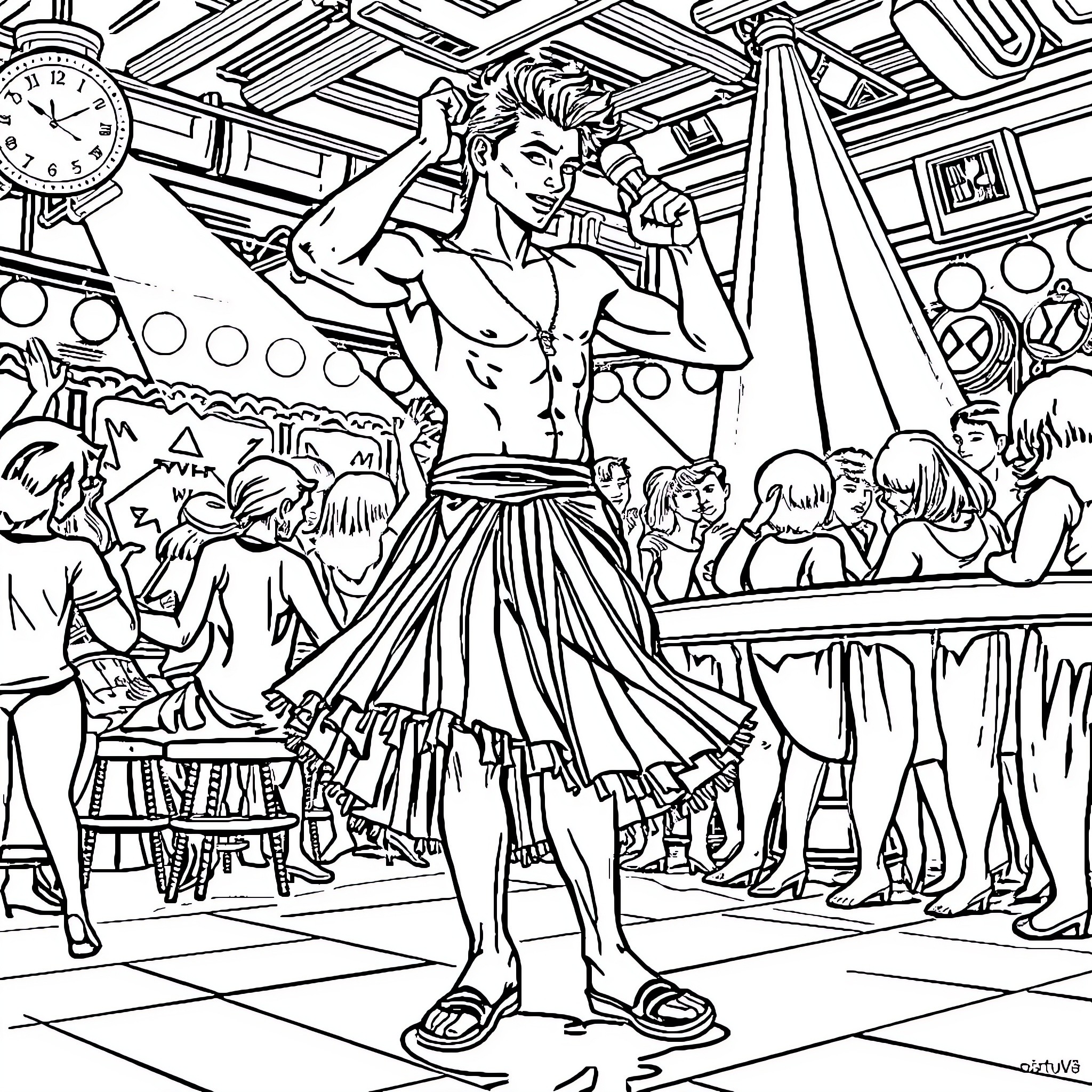 Man Performing on Stage with Audience Coloring Page (free black-and-white line drawing printable PDF for all, from beginners to advanced learners, including children, teens, adults, and seniors)