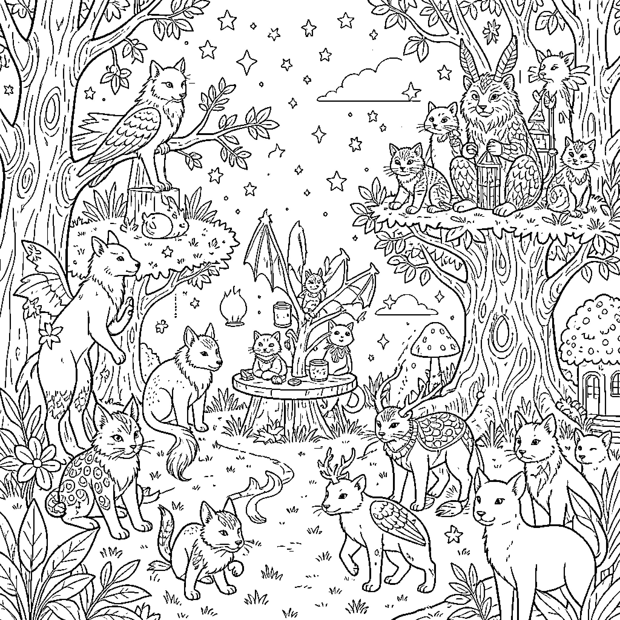 Fantasy magical creatures living in a whimsical forest Coloring Page (free black-and-white line drawing printable PDF for all, from beginners to advanced learners, including children, teens, adults, and seniors)