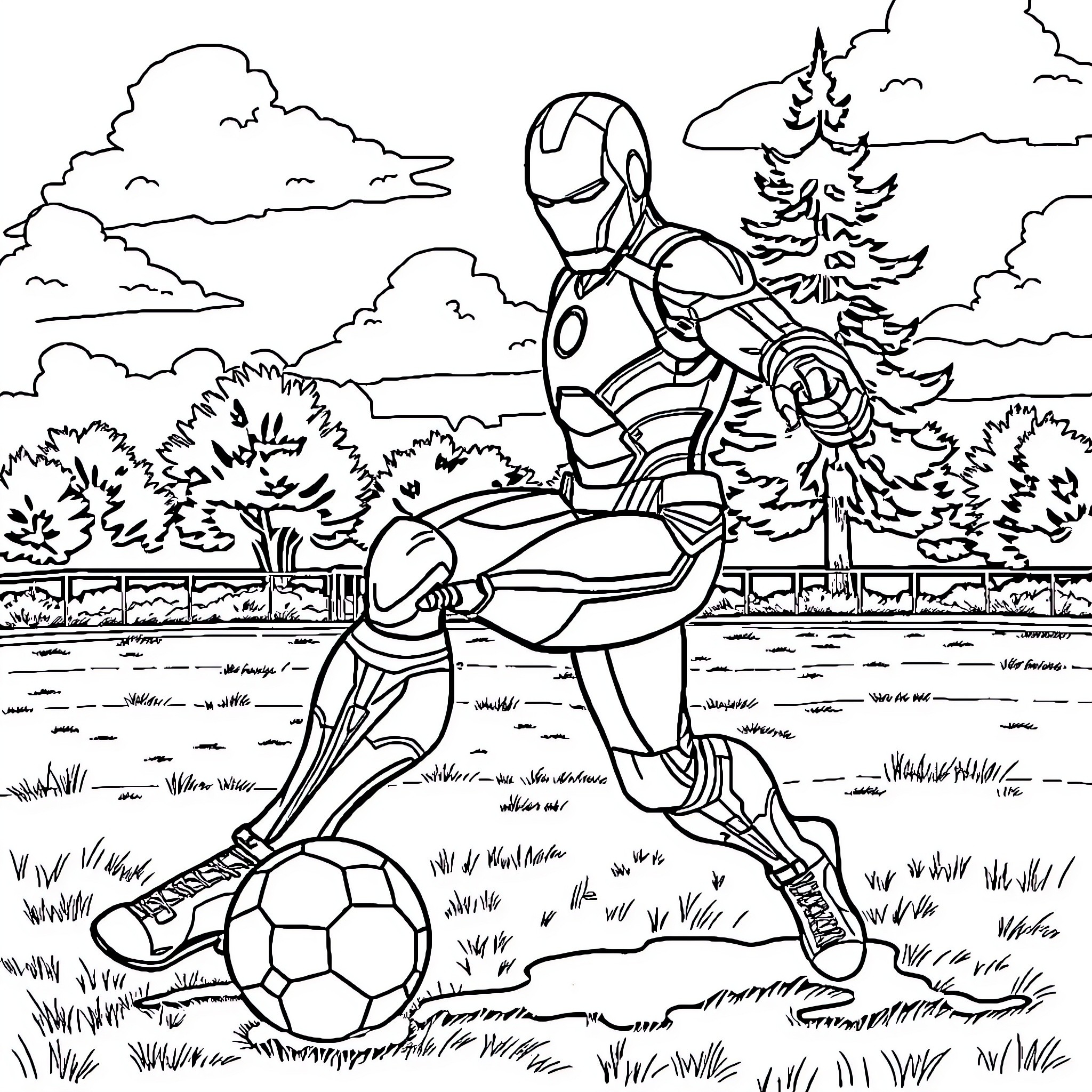 Ironman Playing Soccer in the Park Coloring Page (free black-and-white line drawing printable PDF for all, from beginners to advanced learners, including children, teens, adults, and seniors)