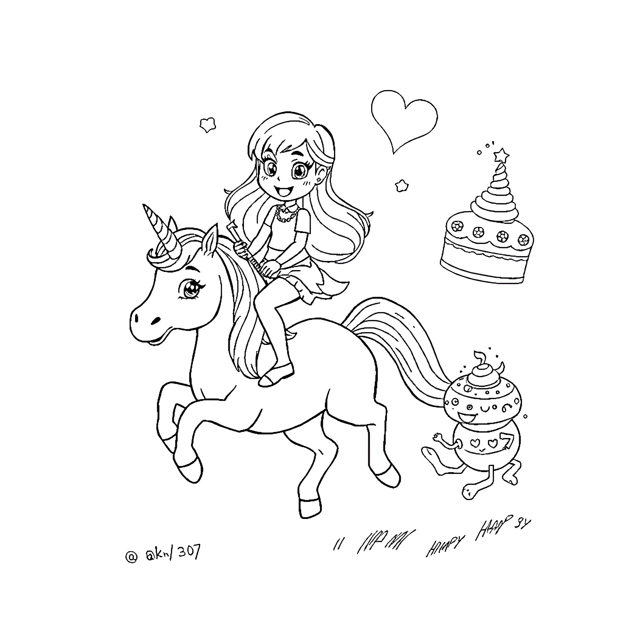 Dollhouse of a Girl Riding a Unicorn with Sweets Coloring Page (free black-and-white line drawing printable PDF for all, from beginners to advanced learners, including children, teens, adults, and seniors)